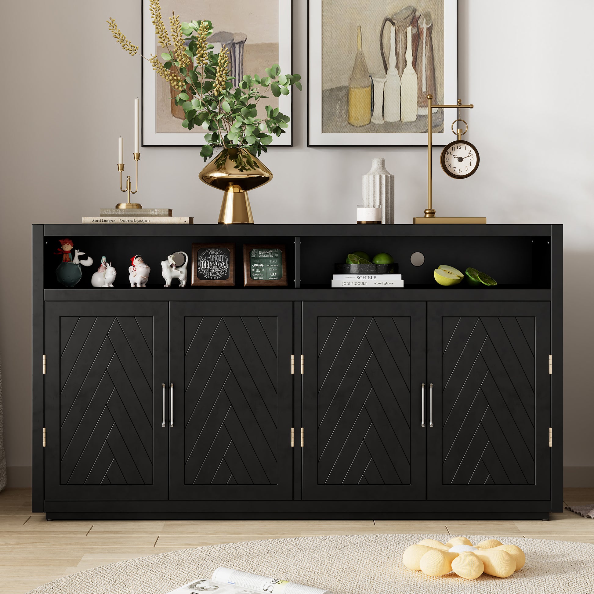 4 Door Classic Sideboard With Open Storage And Adjustable Shelves Perfect For Kitchens, Living Rooms Black Black Mdf