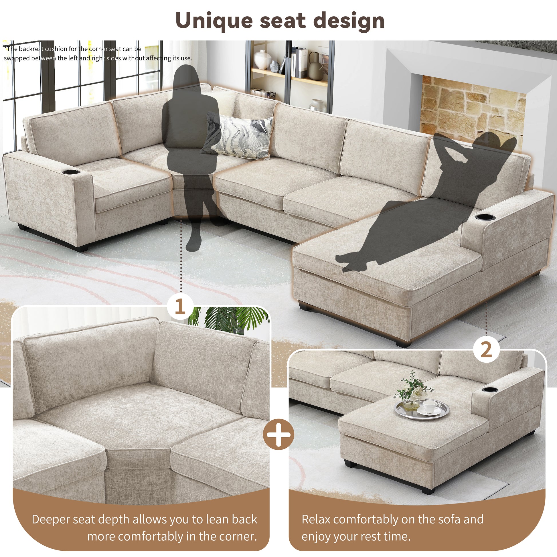 119*67" U Shaped Sectional Sofa,6 Seat Chenille Couch Set With Oversized Chaise Lounge,Irregular Corner,Deep Seat Comfy Sofa With Cup Holders For Living Room,Apartment,2 Colors Beige Chenille 6 Seat