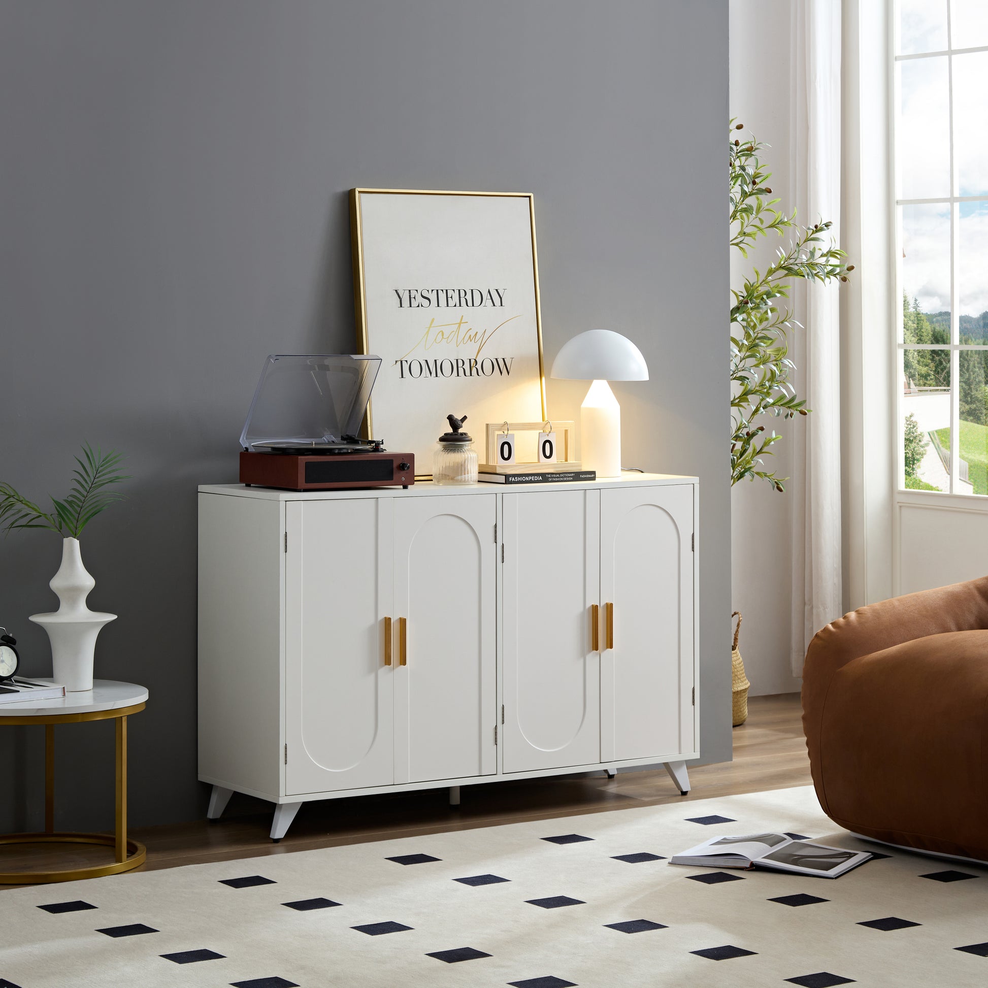 Sideboard Buffet Cabinet With 4 Doors And Removable Shelves, For Living Room, Dining Room, Ivory White White Dining Room American Design,American Traditional Particle Board Particle Board