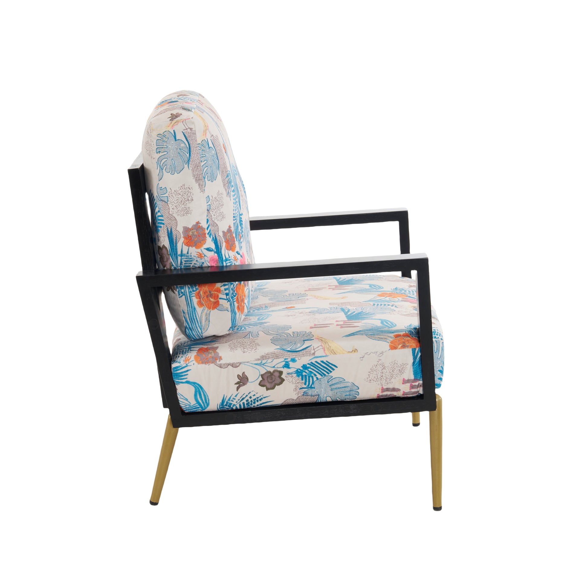 Retro Low Back Floral Print Velvet Accent Armchair With Gold Metal Legs & Rubberwood Frame, Wide Armrest Mid Century Lounge Chair With Pillow Back, Sofa Chair For Living Room & Balcony, Blue Floral