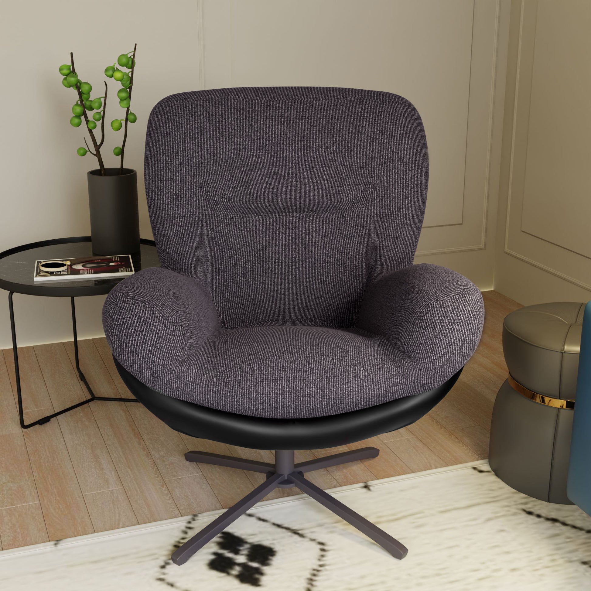360 Swivel Accent Chair, Modern Chenille Lounge Chair With Faux Leather And Black Metal Base Frame, Comfortable Reading Chair For Small Spaces, Living Room, Bedroom, Reading Corner, Office, Dark Gray Black,Dark Gray Brown Primary Living Space