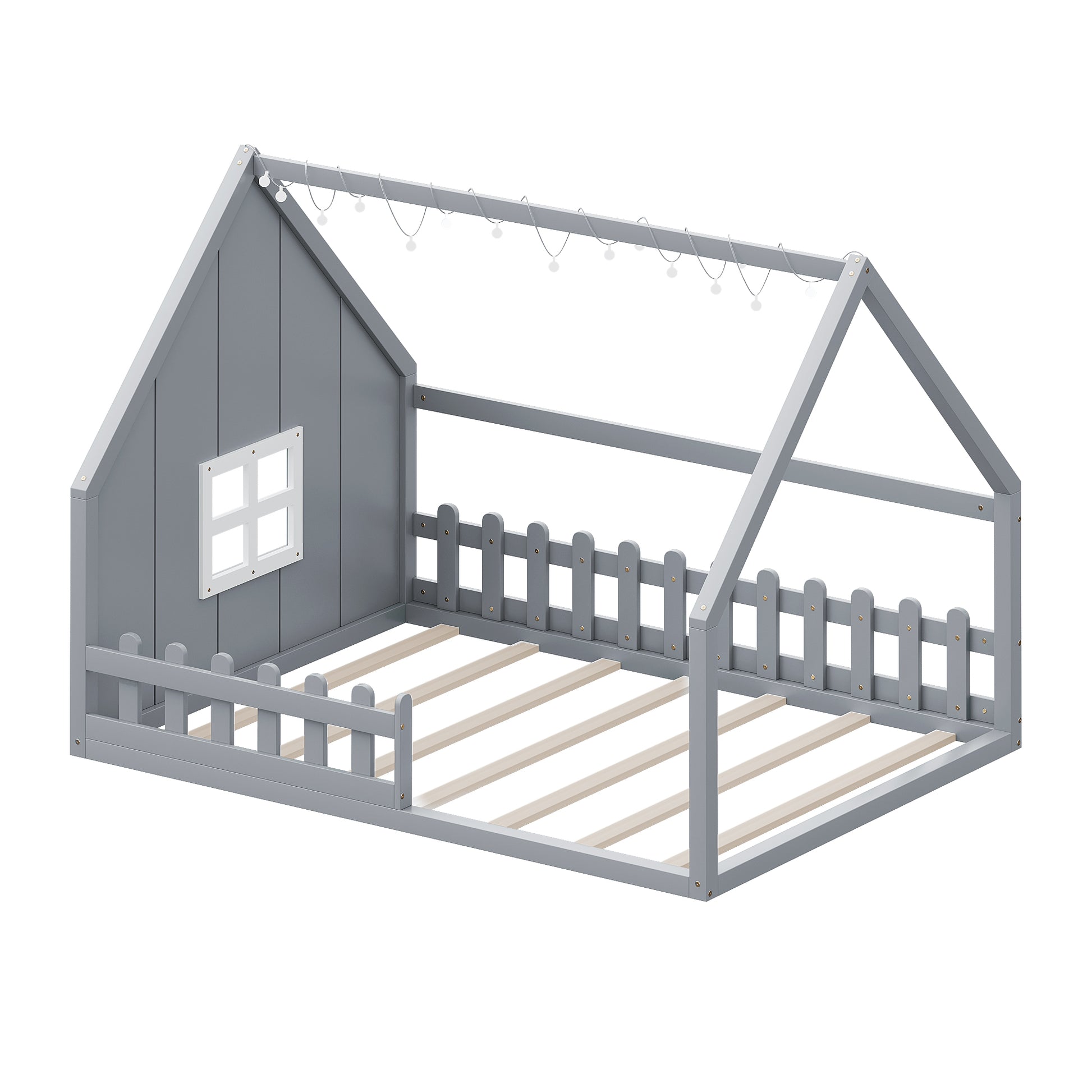 Full Size Wood House Bed With Window And Fence, Gray Old Sku: Wf304147Aae Box Spring Not Required Full Gray Wood Bedroom Pine Bed Frame Solid Wood Mdf