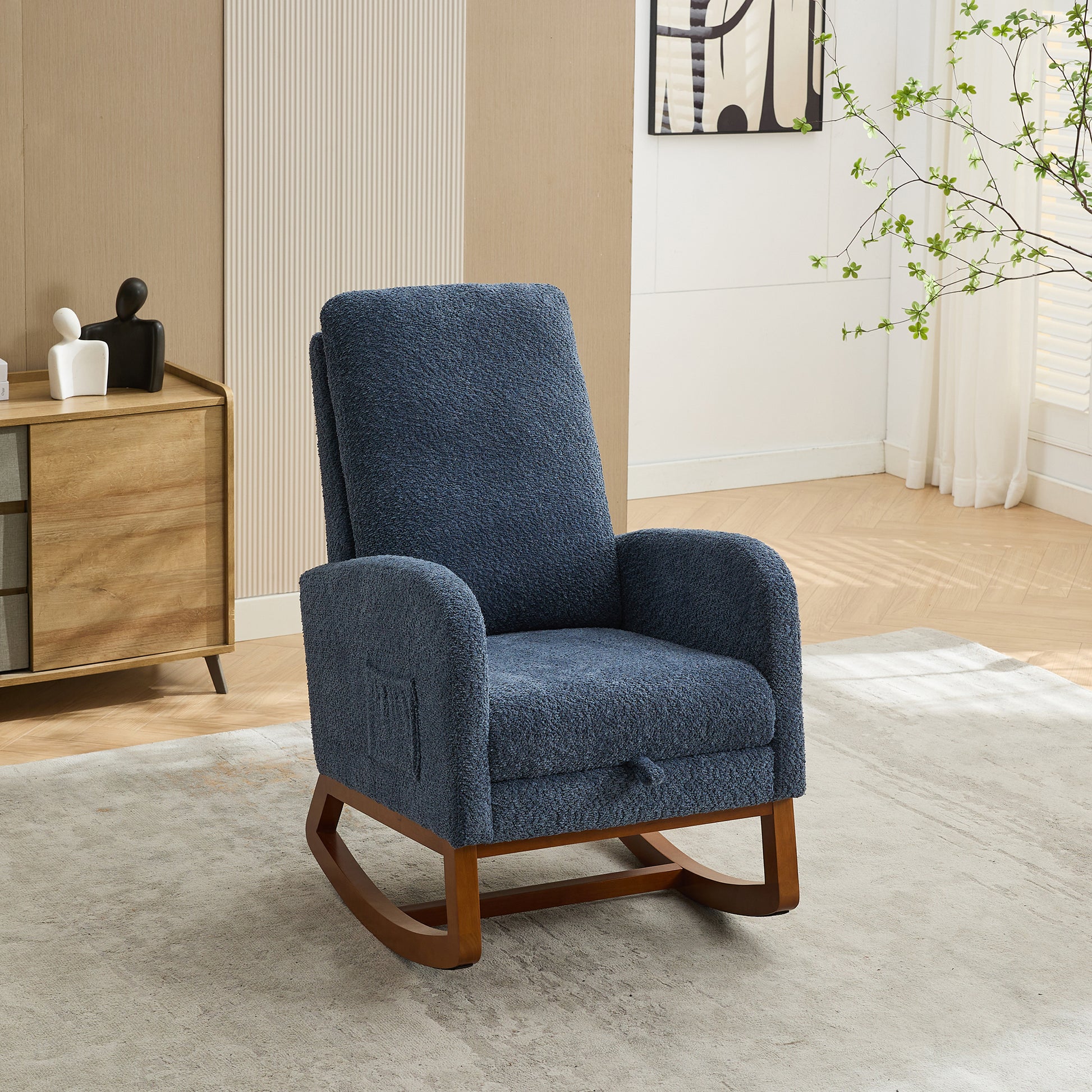 25.4"W Rocking Chair For Nursery, High Back Glider Chair With Retractable Footrest, Side Pocket, Rocking Accent Armchair With Rubber Wood Legs For Living Room Bedroom.Navy Navy Boucle