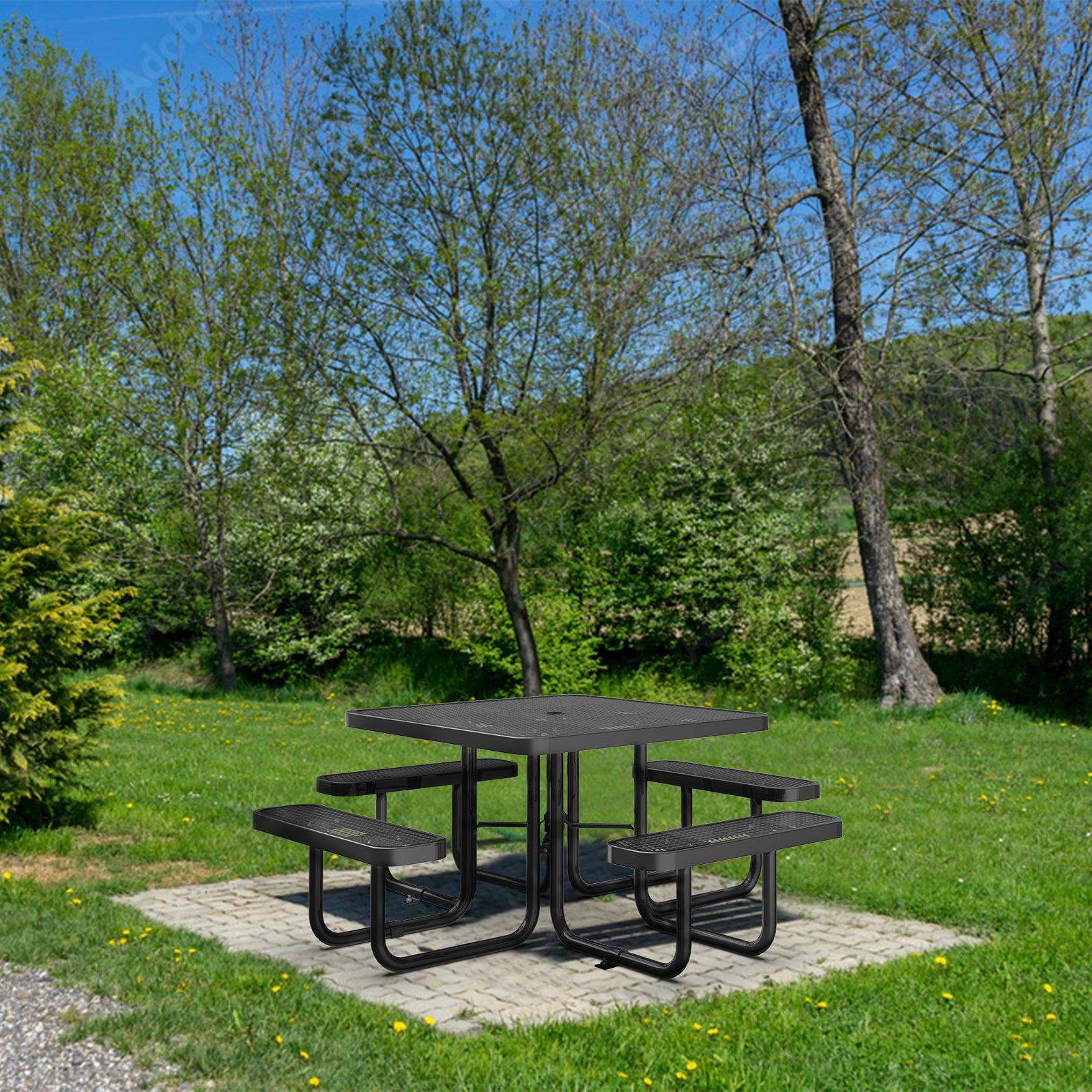 Square Outdoor Steel Picnic Table 46" With Umbrella Pole,Black Black Steel Steel