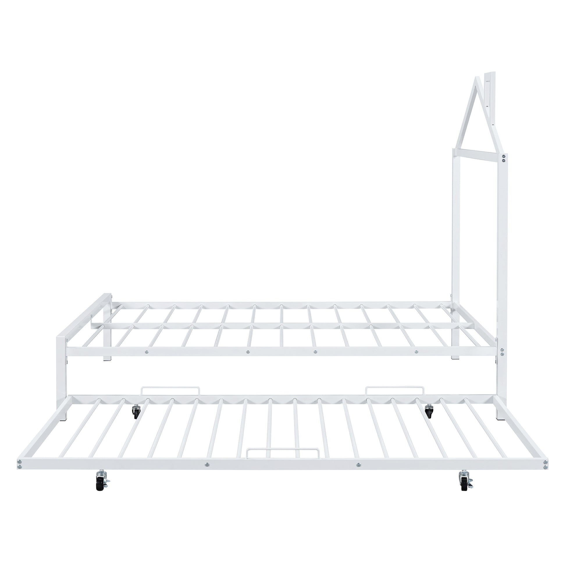 Full Size Metal Platform Bed With Twin Size Trundle,House Shaped Headboard Design, White Full White Metal