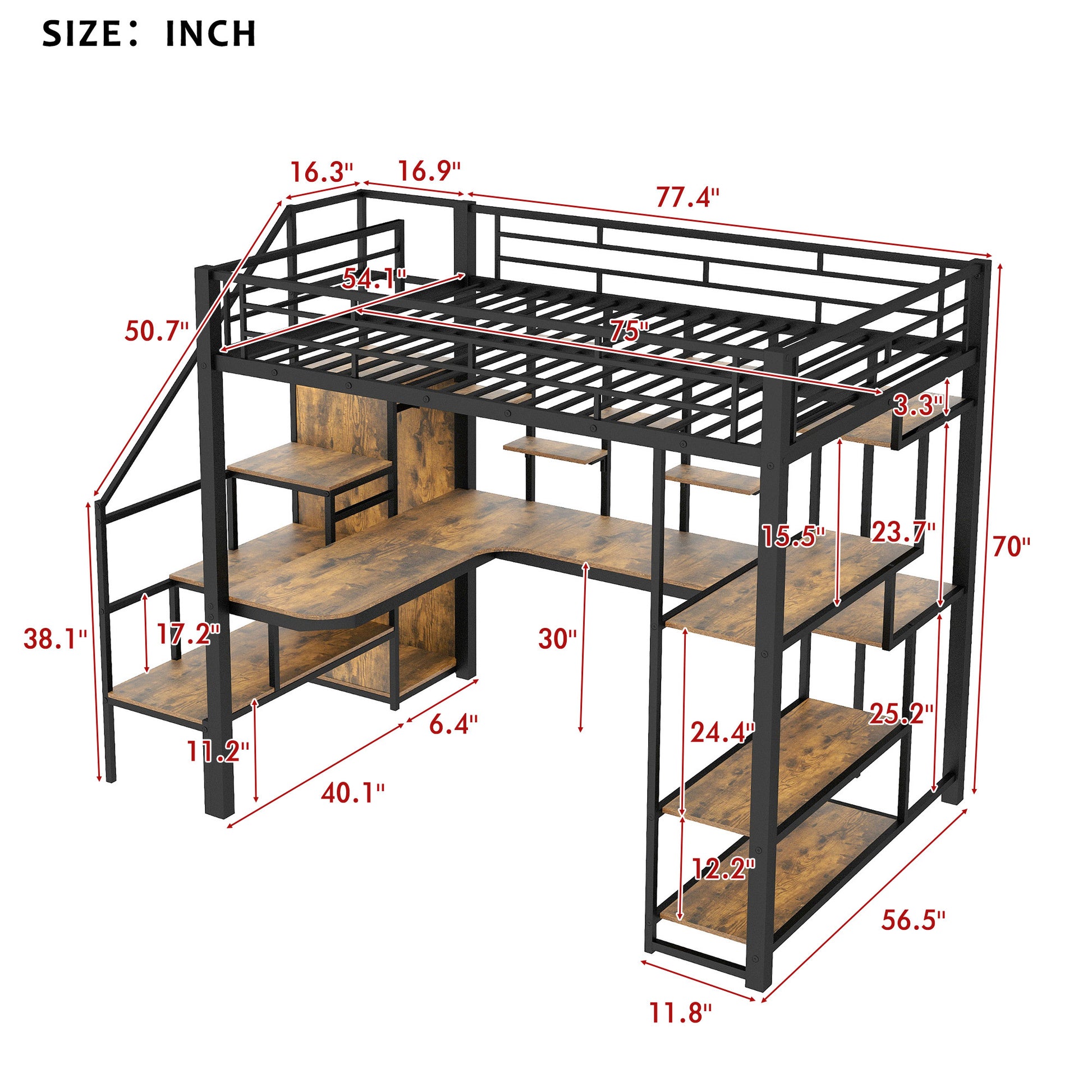 Full Size Metal Loft Bed With Storage Staircase And Small Wardrobe, Built In Desk And Storage Shelves, Black Full Black Metal