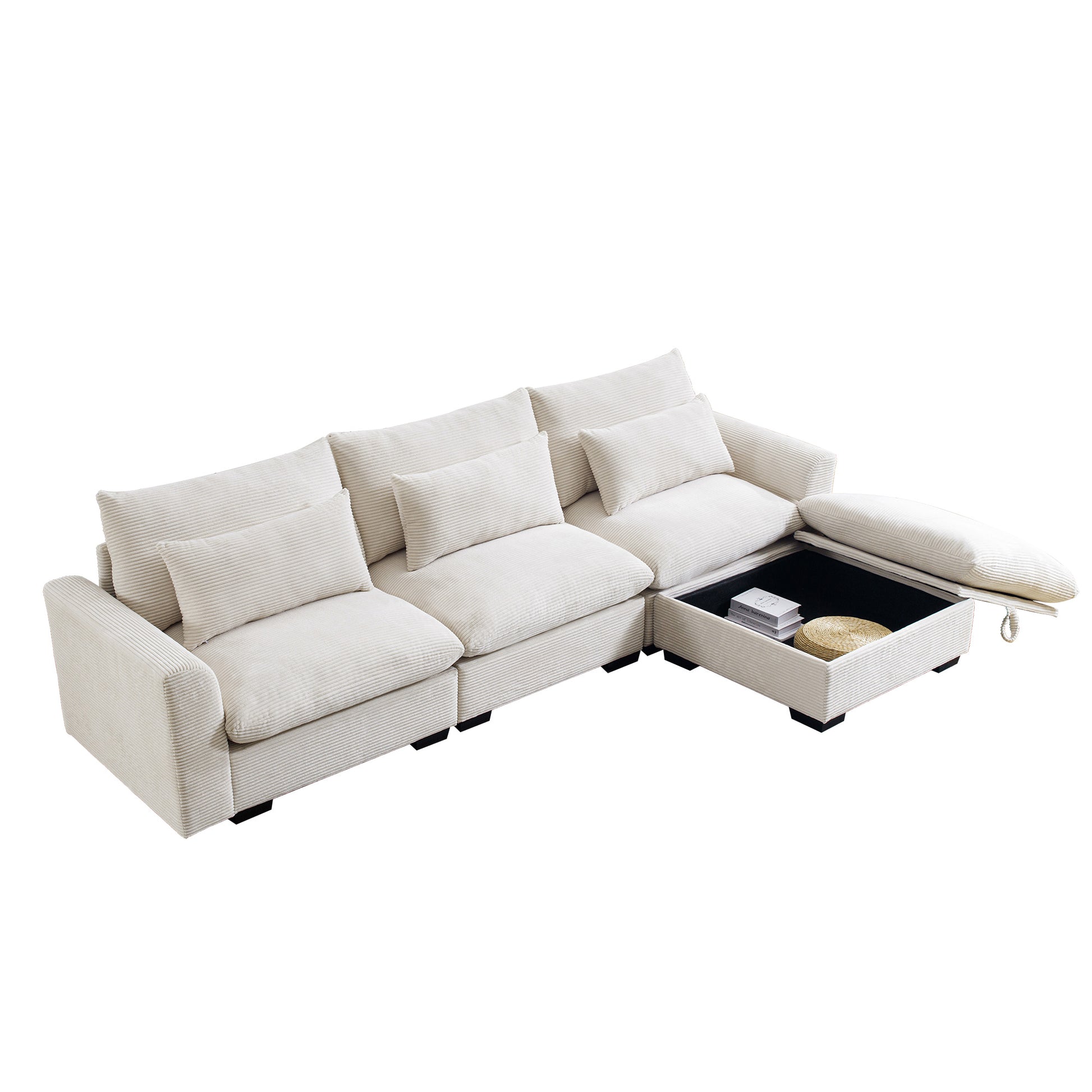 Corduroy Sectional Sofa, L Shaped Couch With Storage Footstool And 3 Pillow, Sectional Couch For Living Room Apartment, Beige Beige Corduroy 3 Seat