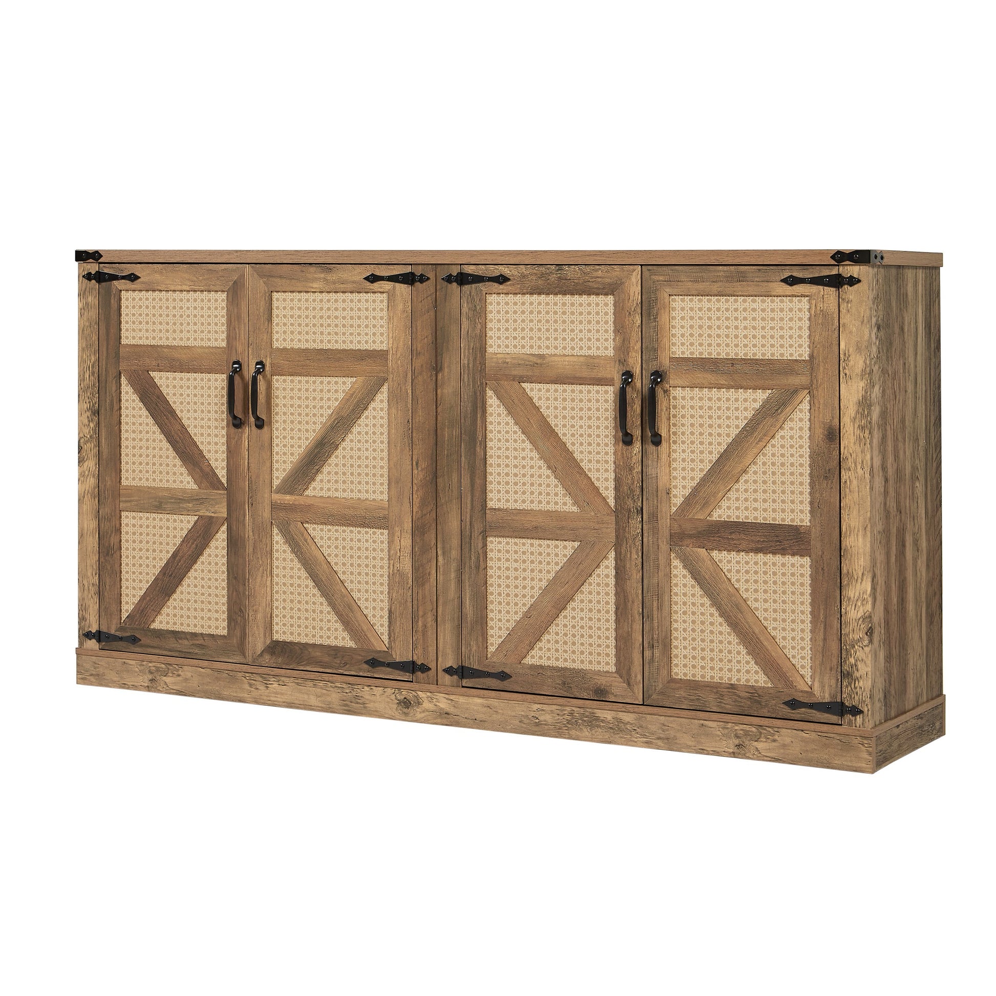 65 Inch Rustic Oak Color Faux Rattan Sideboard, Barn Door Rustic Style Sideboard, Living Room, Entryway, Bedroom, Dining Room Four Door Storage Cabinet Oak Particle Board Mdf