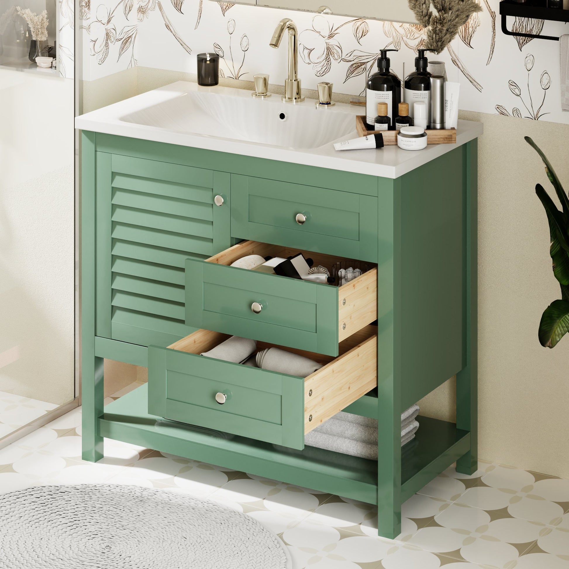 36'' Bathroom Vanity With Undermount Sink, Free Standing Vanity Set With 2 Drawers& Soft Closing Doors, Bathroom Storage Cabinet With Solid Wood Feet, Green 2 Green 1 1 Adjustable Hinges Bathroom Freestanding Modern Solid Wood Mdf Resin Painted