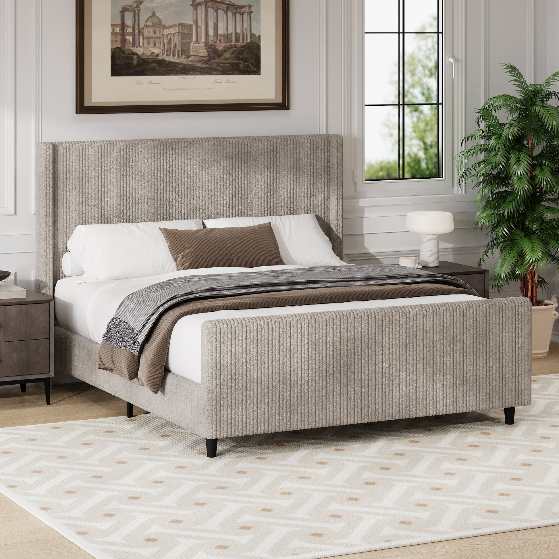 50.7'' High Headboard Corduroy Upholstered Bed Frame With Vertical Stripe Wingback And High Footboard No Box Spring Needed, Queen Size, Taupe Box Spring Not Required Queen Taupe Wood Bedroom Modern Bed Frame Wood