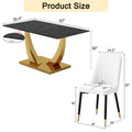 Table And Chair Set.Modern Rectangular Dining Table With Black Textured Stickers Glass Tabletop And Gold Plated Metal Legs.Paried With 4 Comfortable Chairs With Pu Seats And Black Metal Legs. Black Gold,White Seats 4 Glass Metal