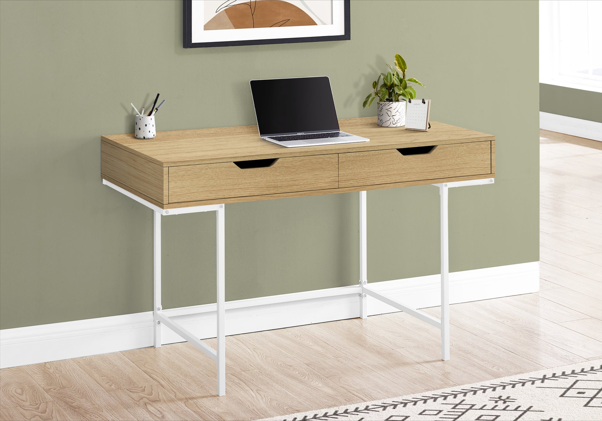 Computer Desk, Home Office, Laptop, Storage Drawers, 48"L, Work, Natural Laminate, White Metal, Contemporary, Modern Natural Particle Board