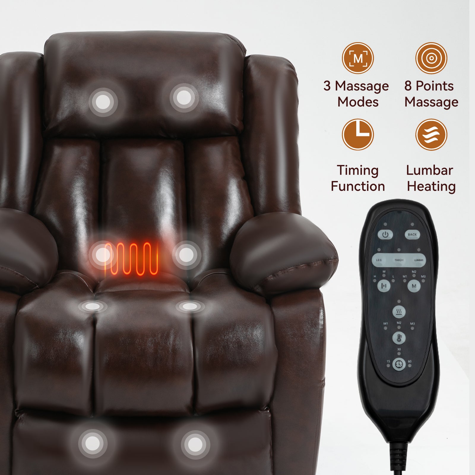 Dual Motor Infinite Position Up To 350 Lbs Electric Medium Size Genuine Leather Brown Power Lift Recliner Chair With 8 Point Vibration Massage And Lumbar Heating White Metal Primary Living Space Heavy Duty Pine Antique Brown Genuine Leather Power Remote