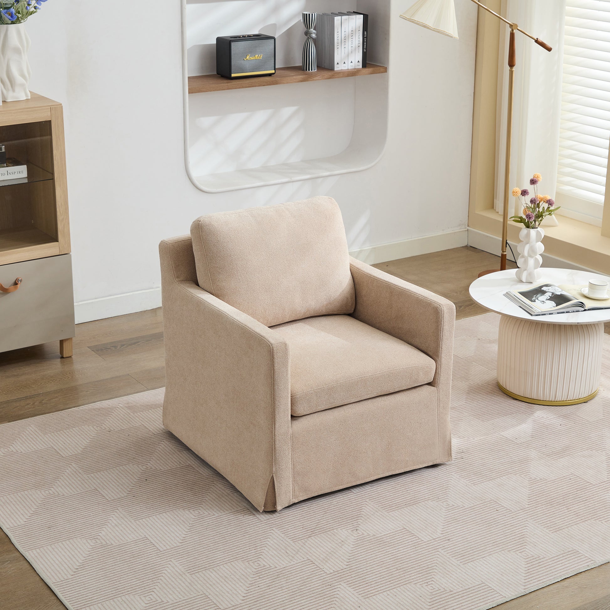 29.92'' Swivel Accent Chair, Upholstered Skirted Swivel Chair With Removable Back Cushion, 360 Degree Comfy Armchair For Living Room, Nursery, Lounge,Office,Wheat Chenille Wheat Chenille