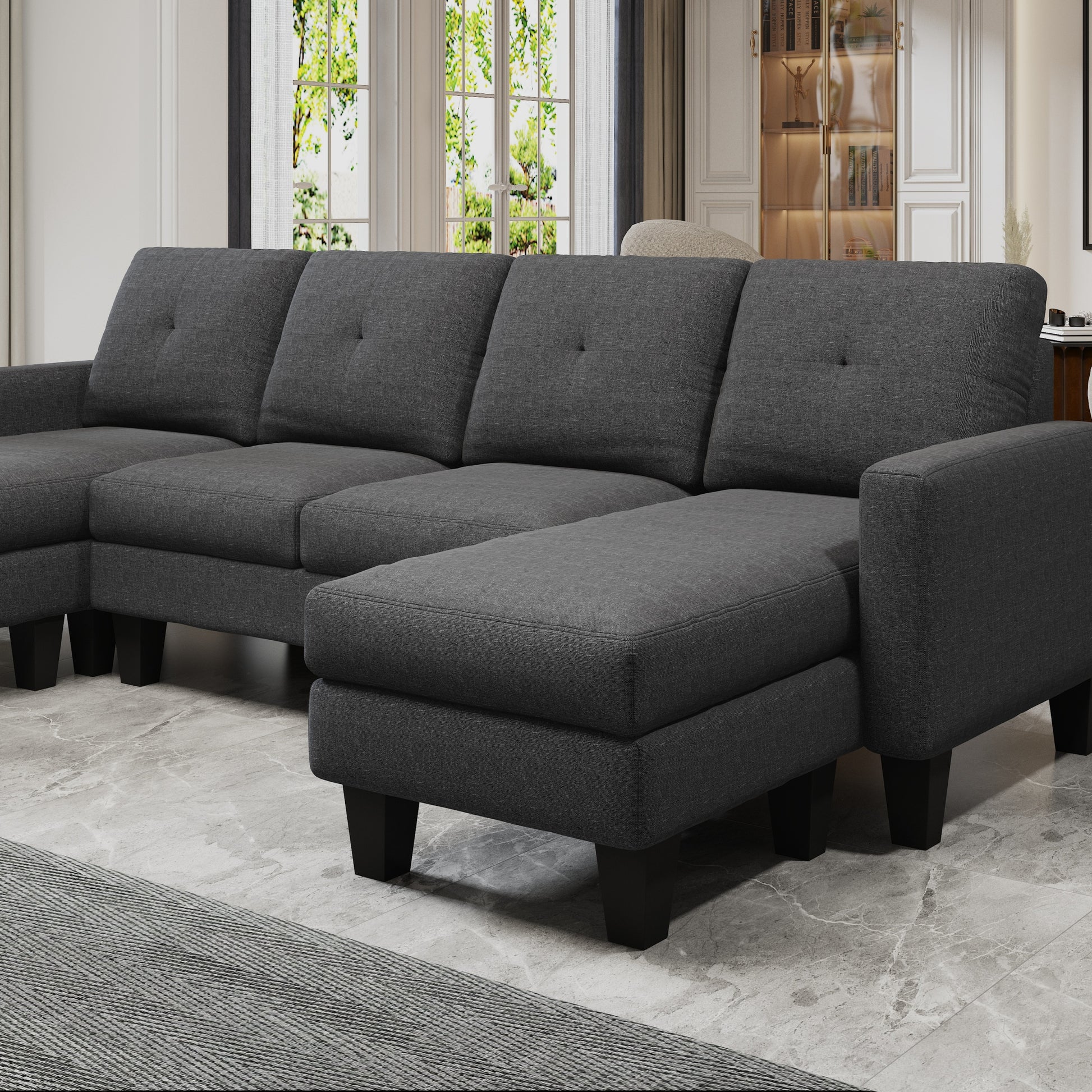 U Shaped Sofa Coch 4 Seat Sofa With Chaise Polyester Fabric For Living Room Apartment Office Dark Grey Dark Grey Linen Wood Primary Living Space Soft Eucalyptus Foam Linen 4 Seat