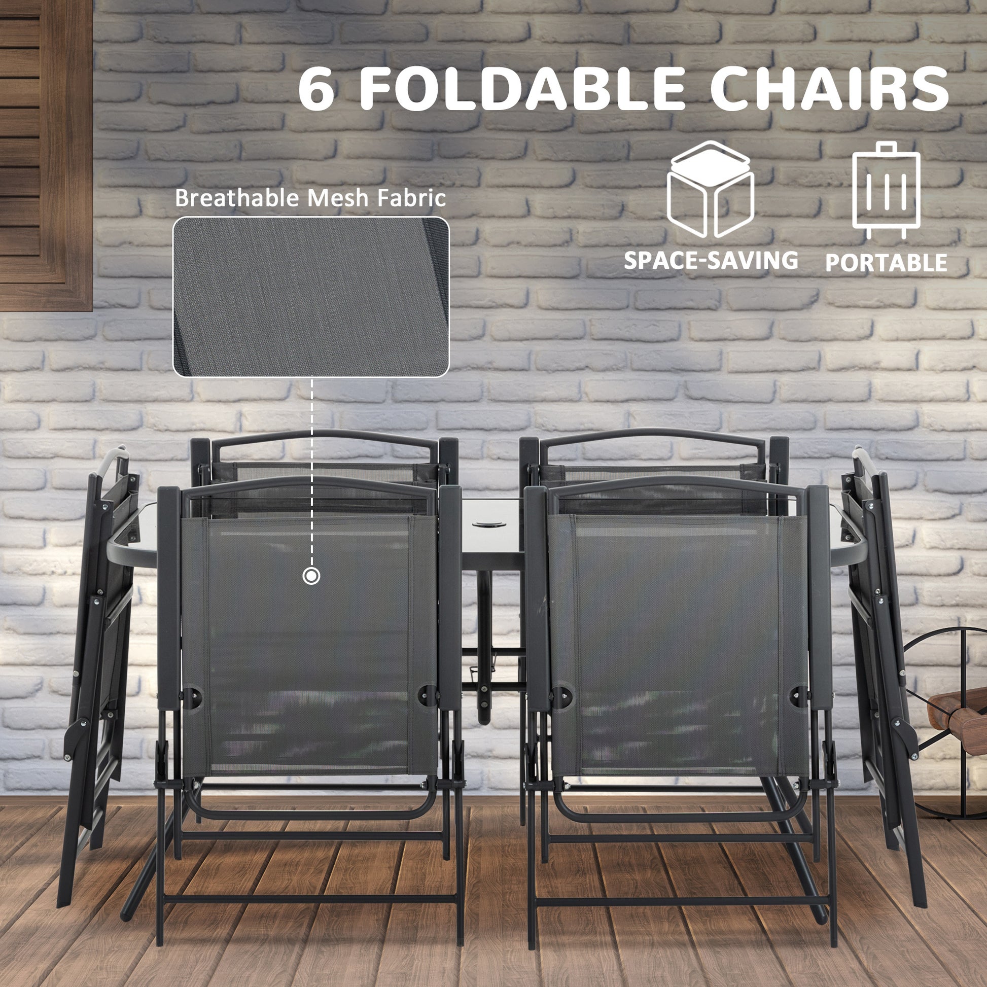 Outsunny 8 Piece Patio Dining Set With Table Umbrella, 6 Folding Chairs And Rectangle Dining Table, Outdoor Patio Furniture Set, Black Black Metal
