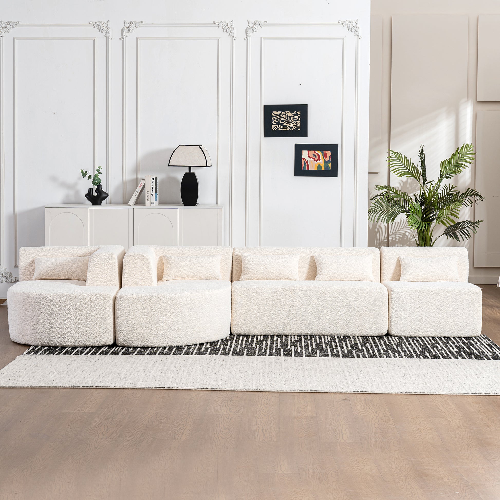 143.7" Upholstered Sofa Free Combined Sofa Couch With Two Chaise Lounge And Five Back Pillows For Living Room, Beige Beige Foam Polyester 5 Seat