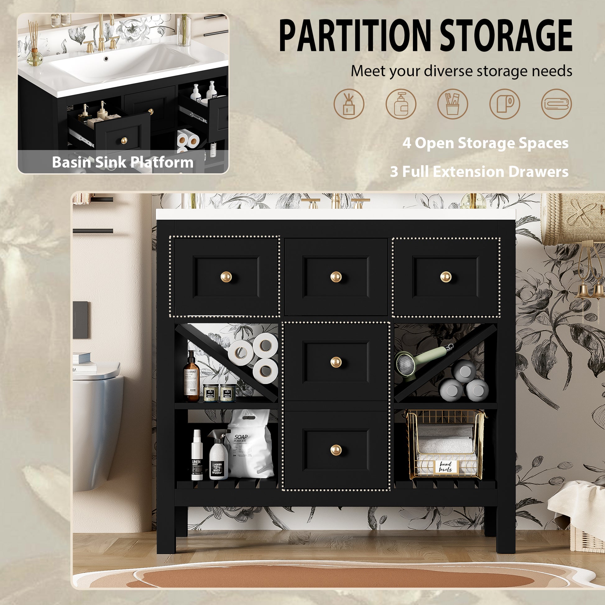 36'' Bathroom Vanity With Resin Sink Combo, Solid Wood Frame Bathroom Storage Cabinet, Freestanding Vanity Set With 5 Drawers& Soft Closing Doors Same As N710S136001B Black Bathroom Solid Wood Mdf Resin