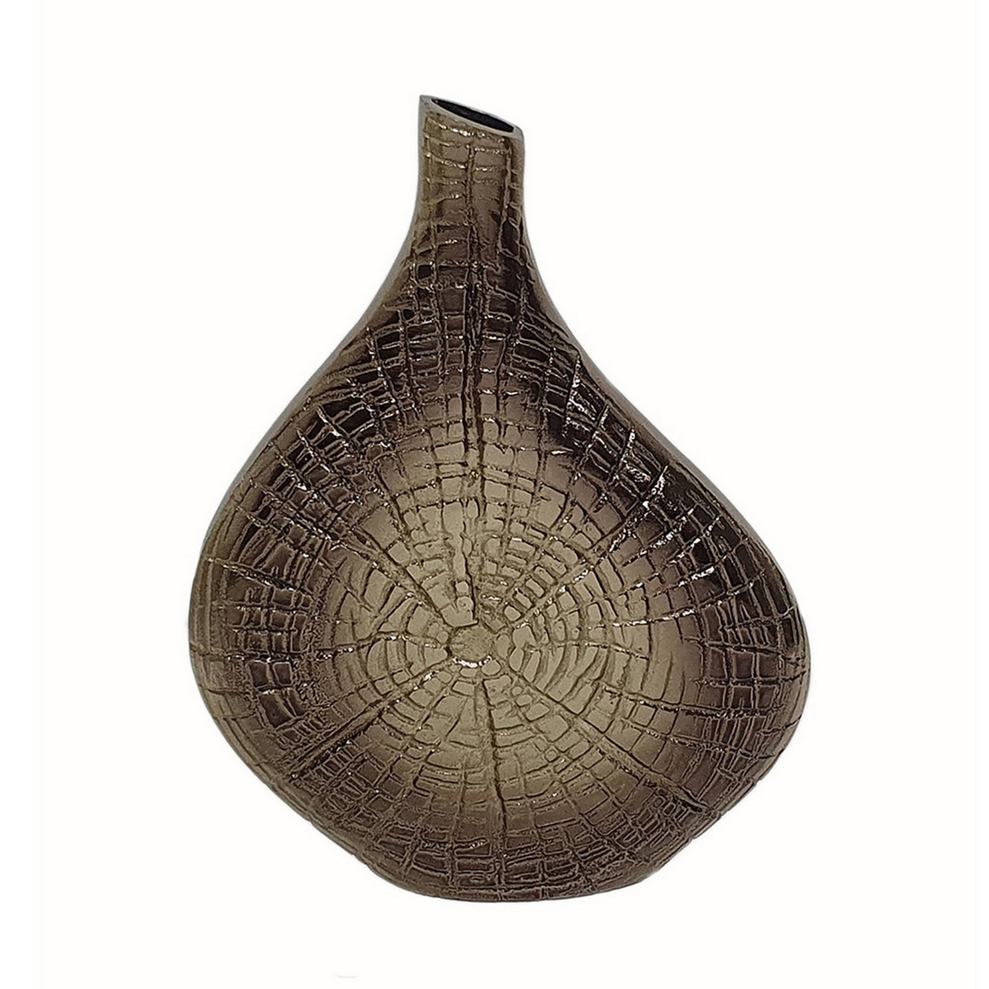 Zelo 11 Inch Decorative Vase, Aluminum, Webbed Design, Bottleneck, Gold Gold Brown Aluminium