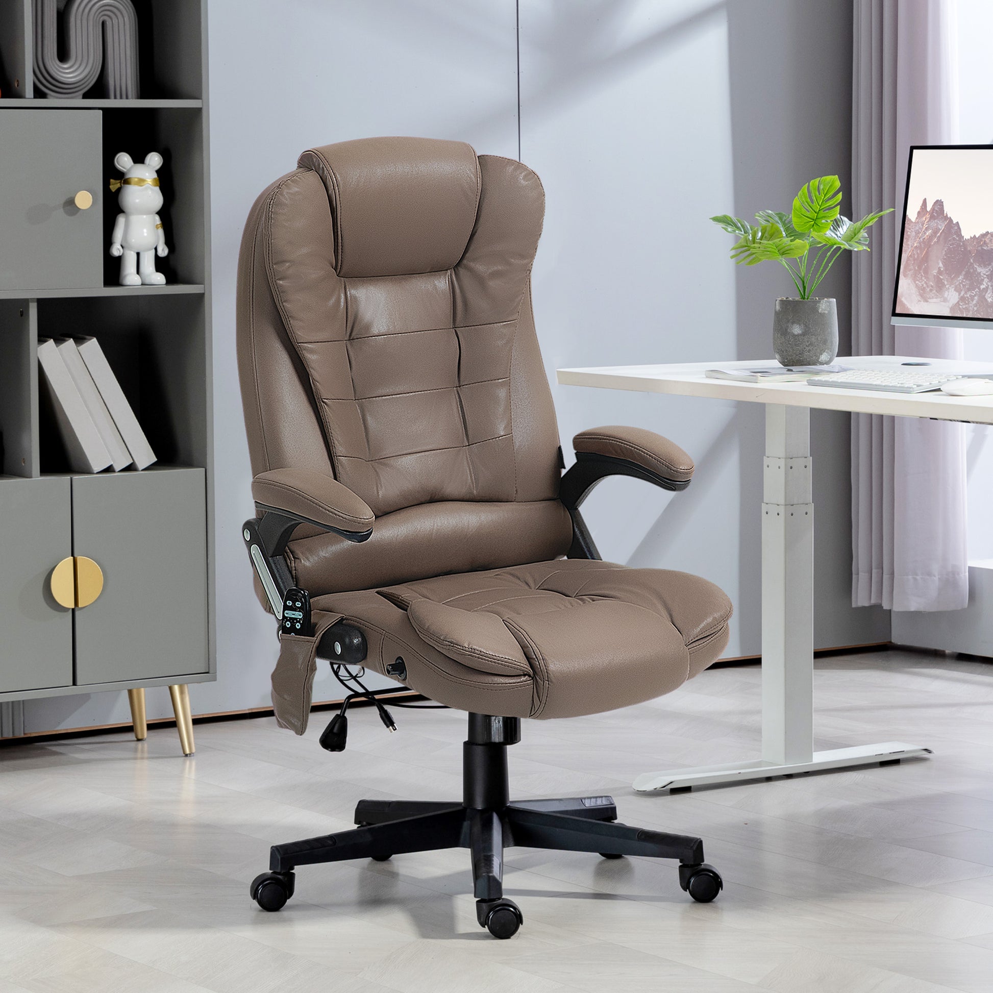 Homcom 6 Point Vibrating Massage Office Chair With Heat, Microfiber High Back Executive Office Chair With Reclining Backrest, Padded Armrests And Remote, Dark Brown Brown Polyester