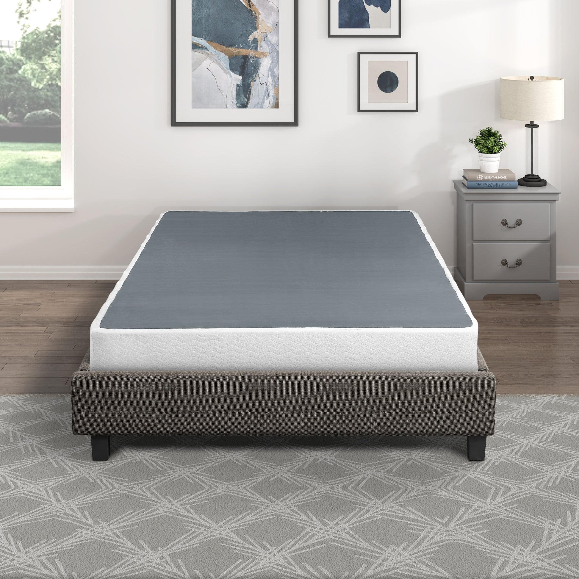 Eastern King Mattress Foundation 1Pc Black Metal Frame With Textured Fabric Cover King Black Bedroom Metal