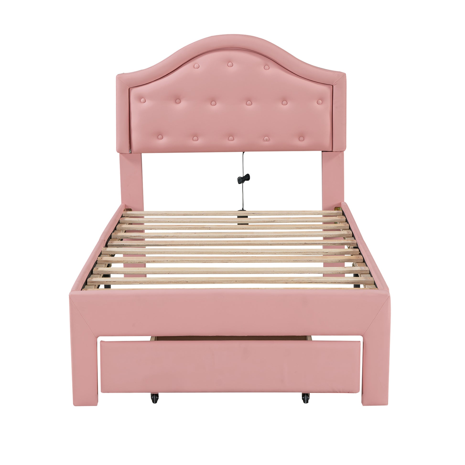 Twin Size Upholstered Platform Bed With Tufted Headboard, Led And A Drawer, Pink Box Spring Not Required Twin Pink Bedroom Faux Leather Upholstered