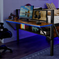 Single Metal Loft Bed With Rectangular Desk, Led Lights, Led Loft Bed Frame Double Bed With Storage Shelves And Hanging Storage Compartments, Safety Guard And Ladder, No Box Springs Required, Rattan G Full Black Brown Mdf Iron