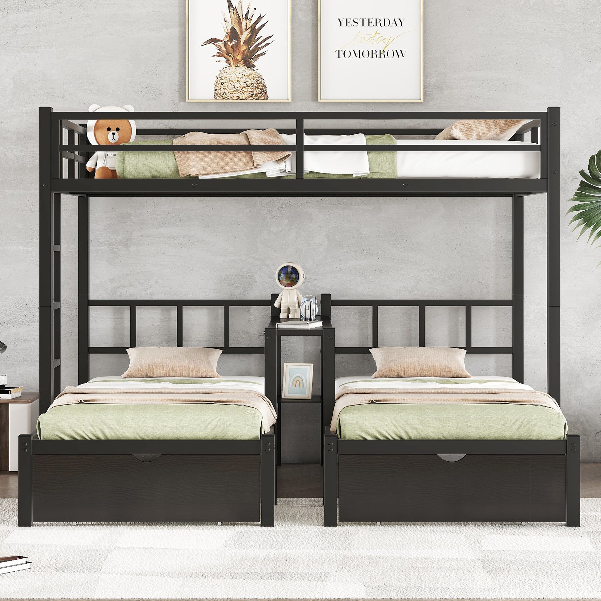 Full Xl Over Twin & Twin Triple Bunk Bed With Drawers, Multi Functional Metal Frame Bed With Desks And Shelves In The Middle, Black Full Xl Black Metal