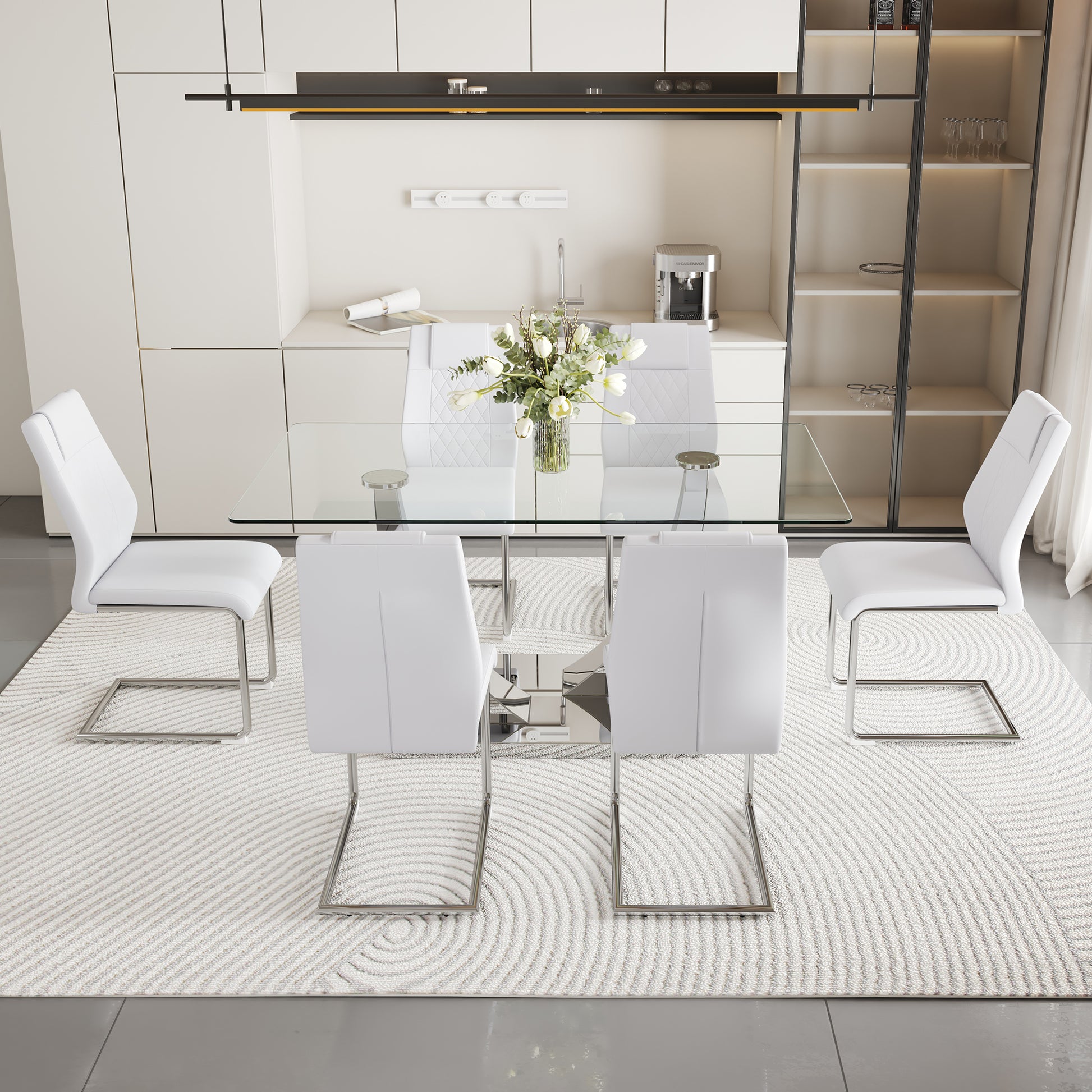 Table And Chair Set.Modern Dining Table,Tempered Glass Tabletop And Silver Colored Leg.Paired With 6 Soft And Comfortable High Quality White Pu Dining Chairs With Silver Legs. Silver,White Seats 6