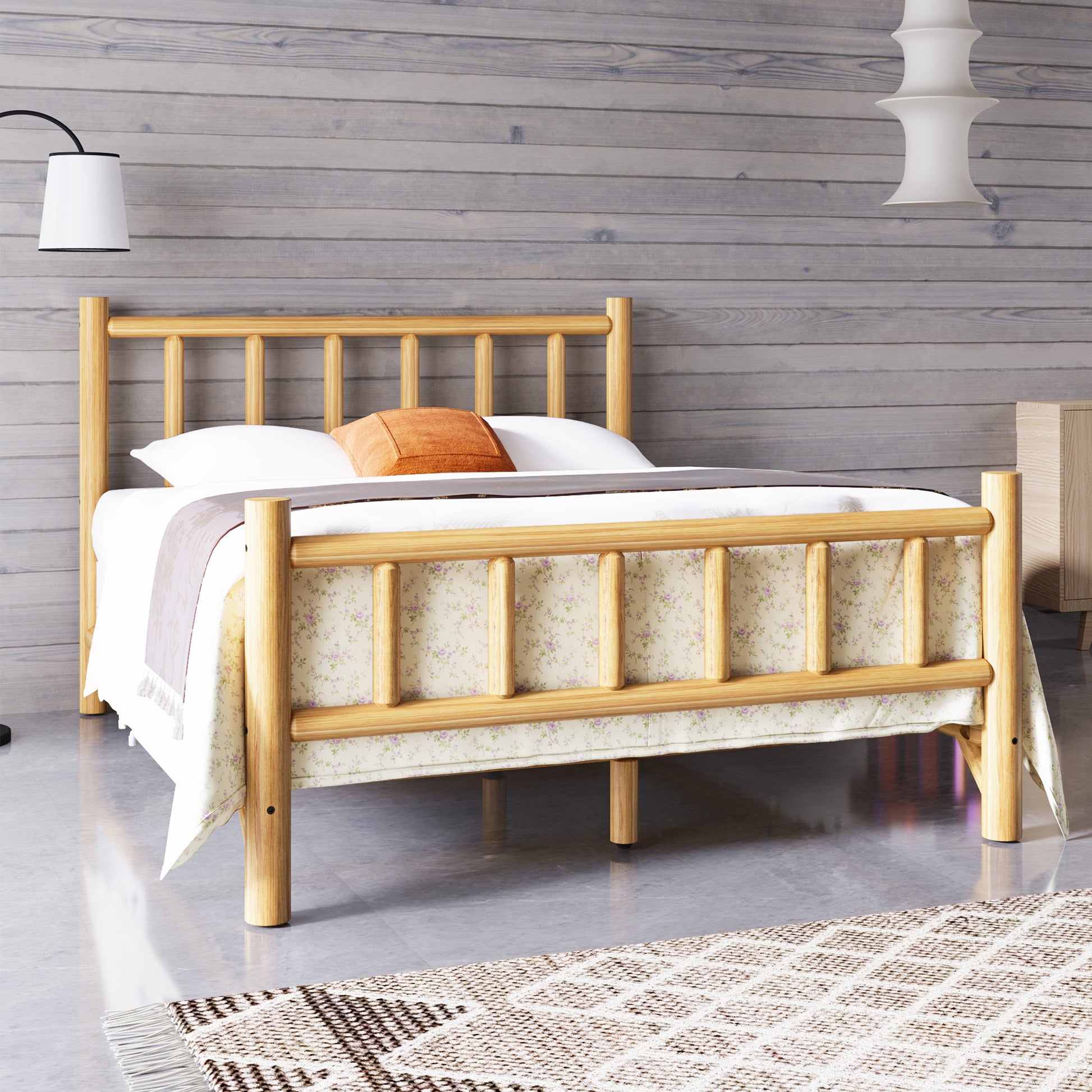 Farmhouse Log Bed Frame Queen Rustic Style Pure Solid Pine Cylinder Construction Bed Fits Mattresses And Box Springs, Natural Finish Queen Natural Pine