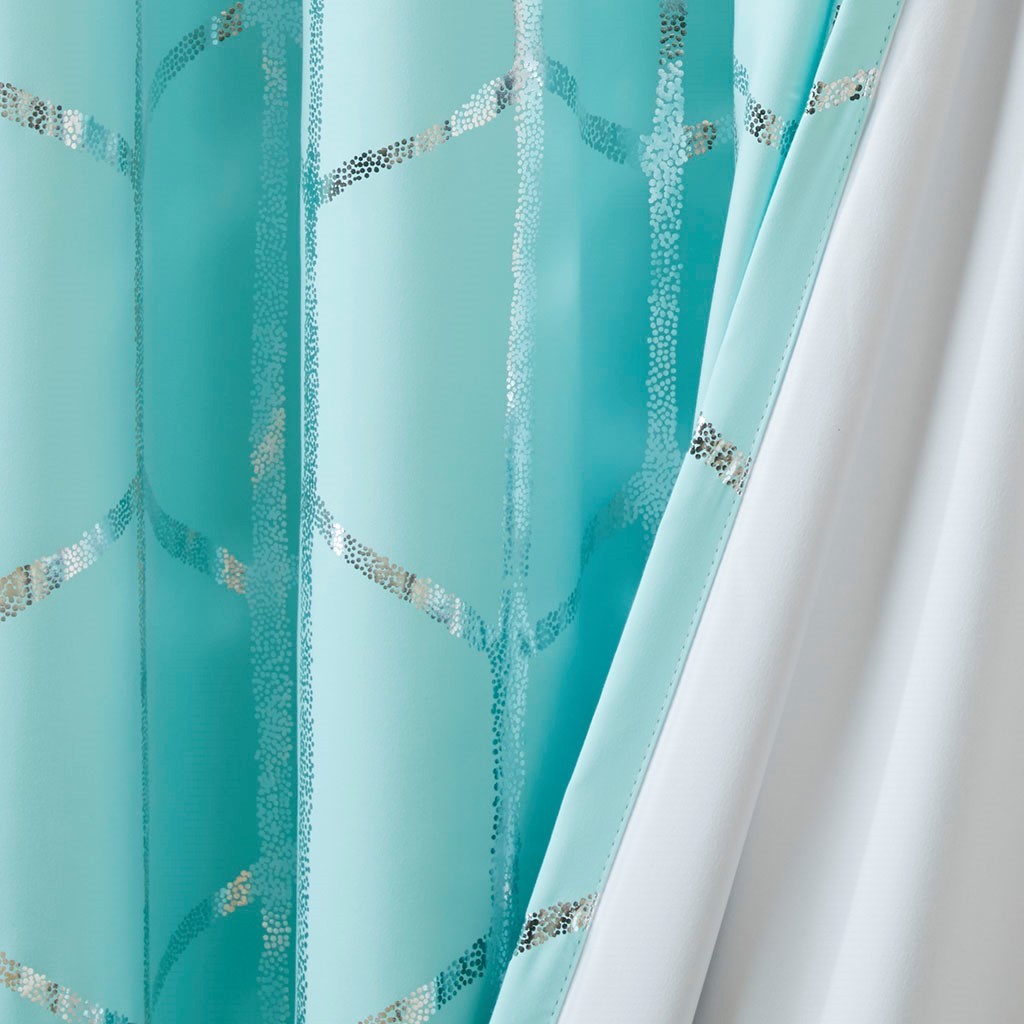 Total Blackout Metallic Print Grommet Top Curtain Panel Only 1 Pc Panel Aqua Silver Microfiber