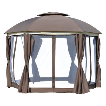 Outsunny 12' X 12' Round Outdoor Gazebo, Patio Dome Gazebo Canopy Shelter With Double Roof, Netting Sidewalls And Curtains, Zippered Doors, Strong Steel Frame, Brown Brown Steel