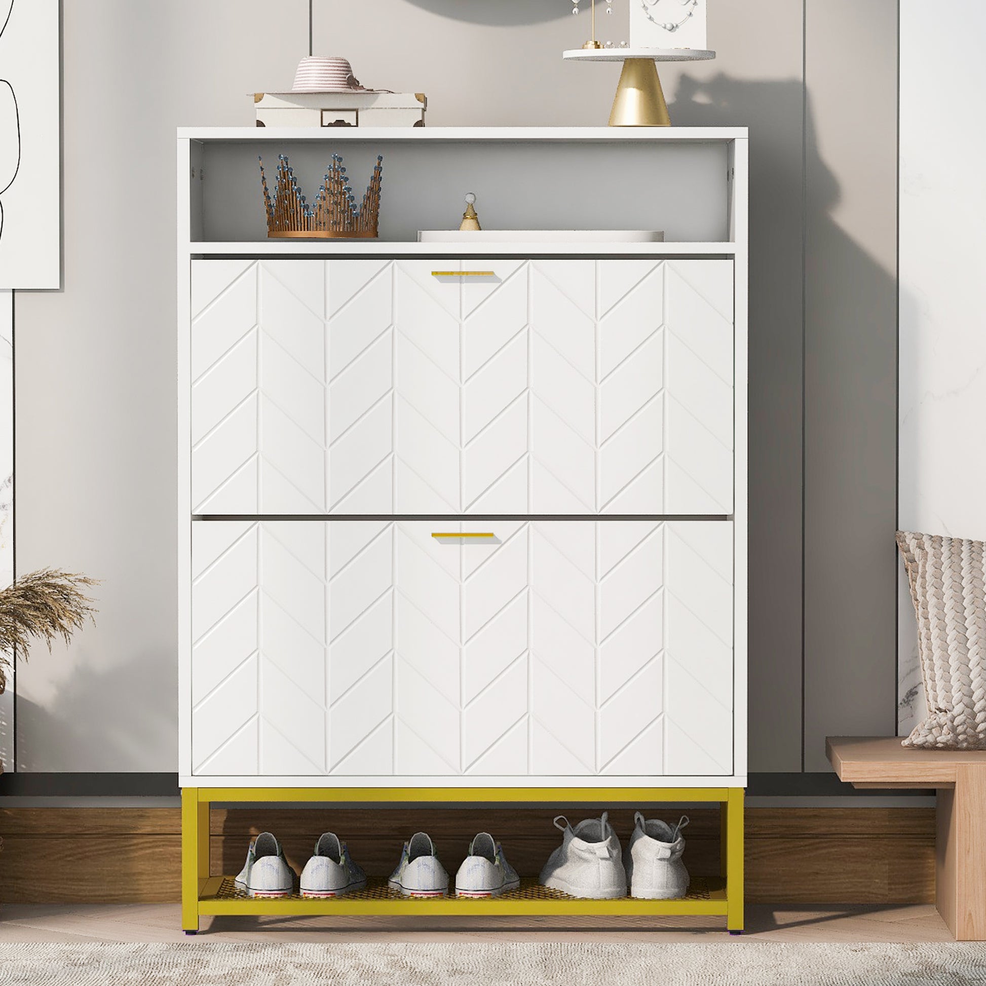 Shoe Cabinet With 2 Flip Drawers, And 2 Shelves, Modern Free Standing Shoe Rack For Heels, Boots, Slippers,Shoe Storage Cabinet For Entryway, Hallway, Living Room, White White Mdf