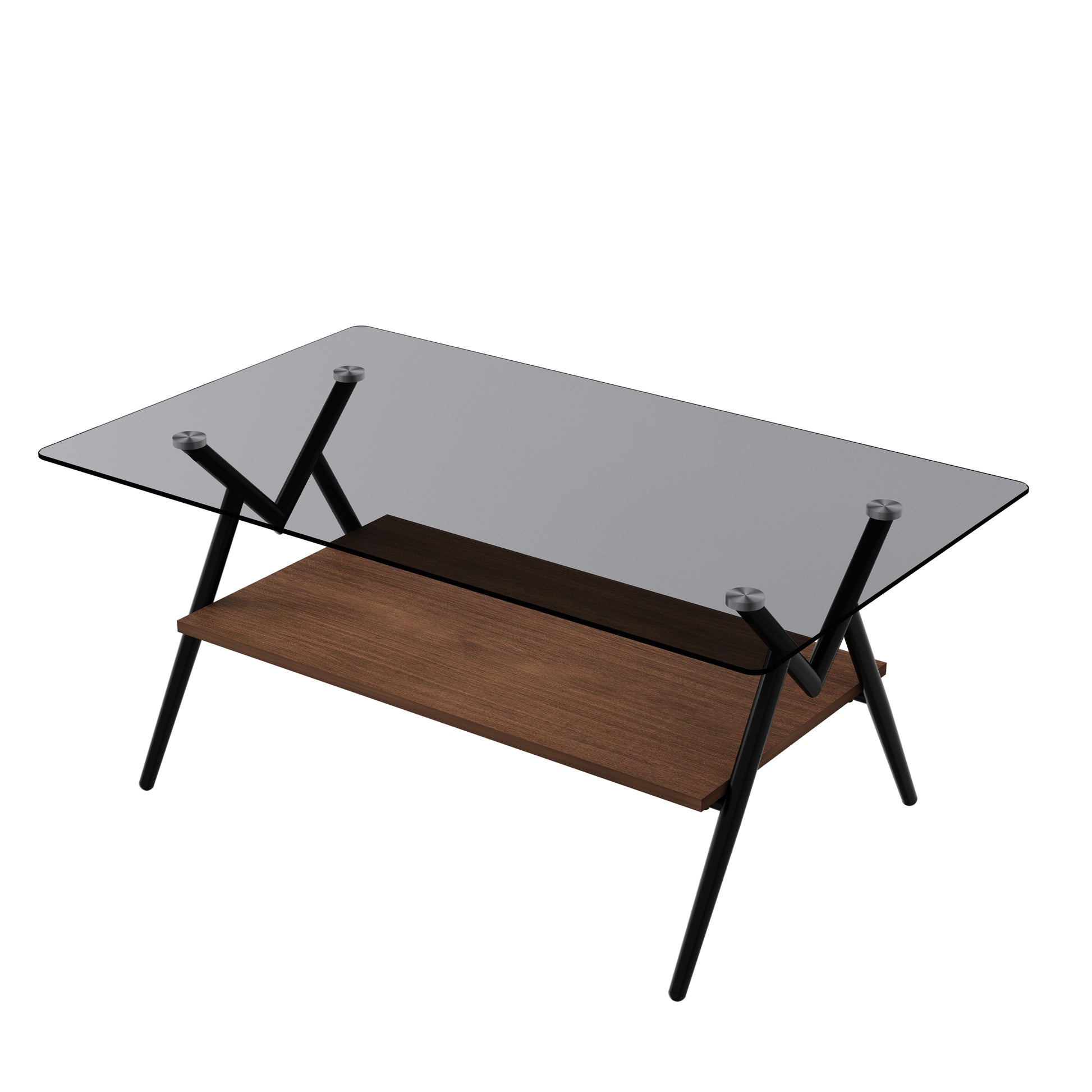 Rectangle Coffee Table With Tempered Glass Top And Brown Mdf Shelf, Modern Table For Living Room, Gray Glass Gray Tempered Glass