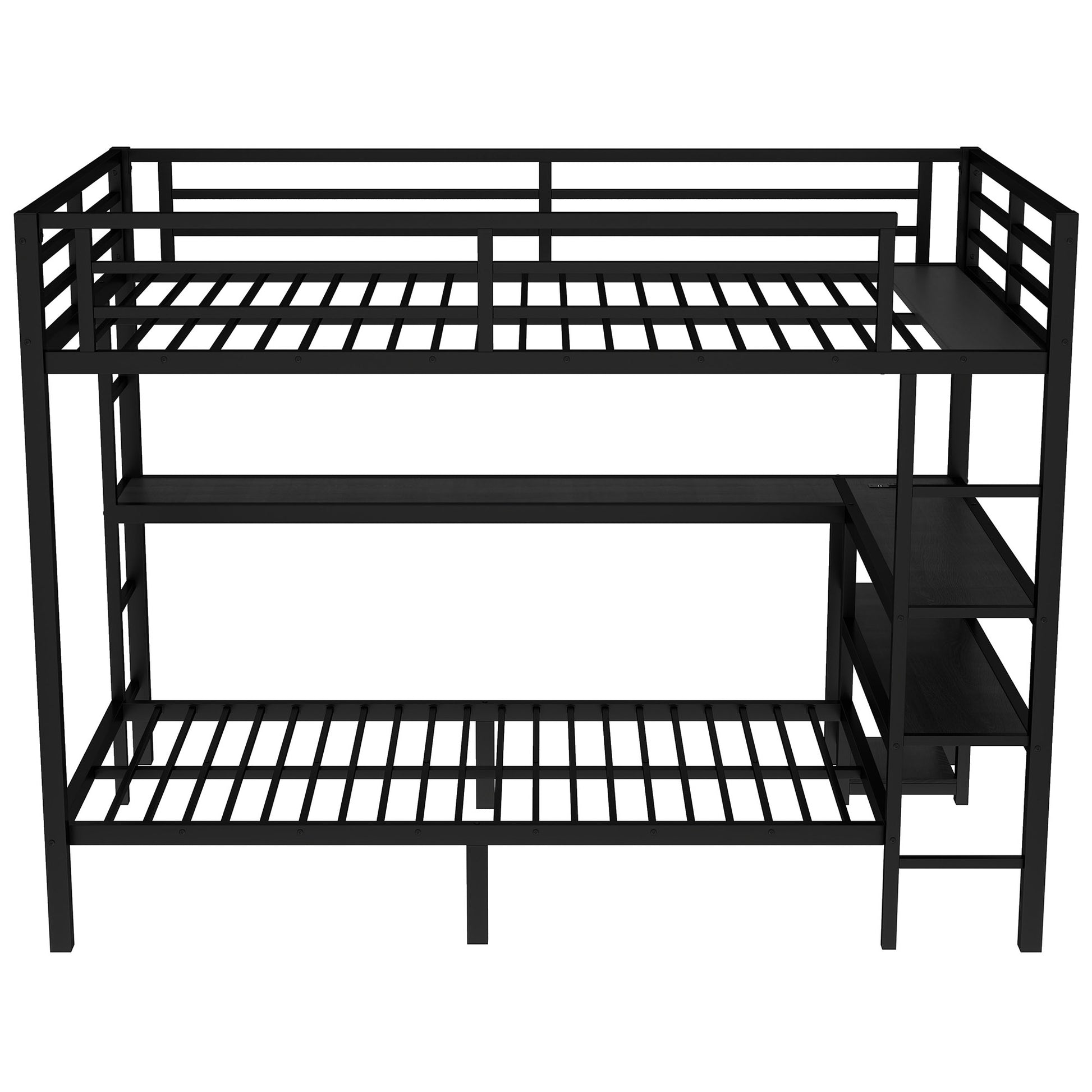 Full Xl Over Twin Bunk Bed With Desk And Shelves, Multiple Placement, With Led And Usb, Black Black Metal