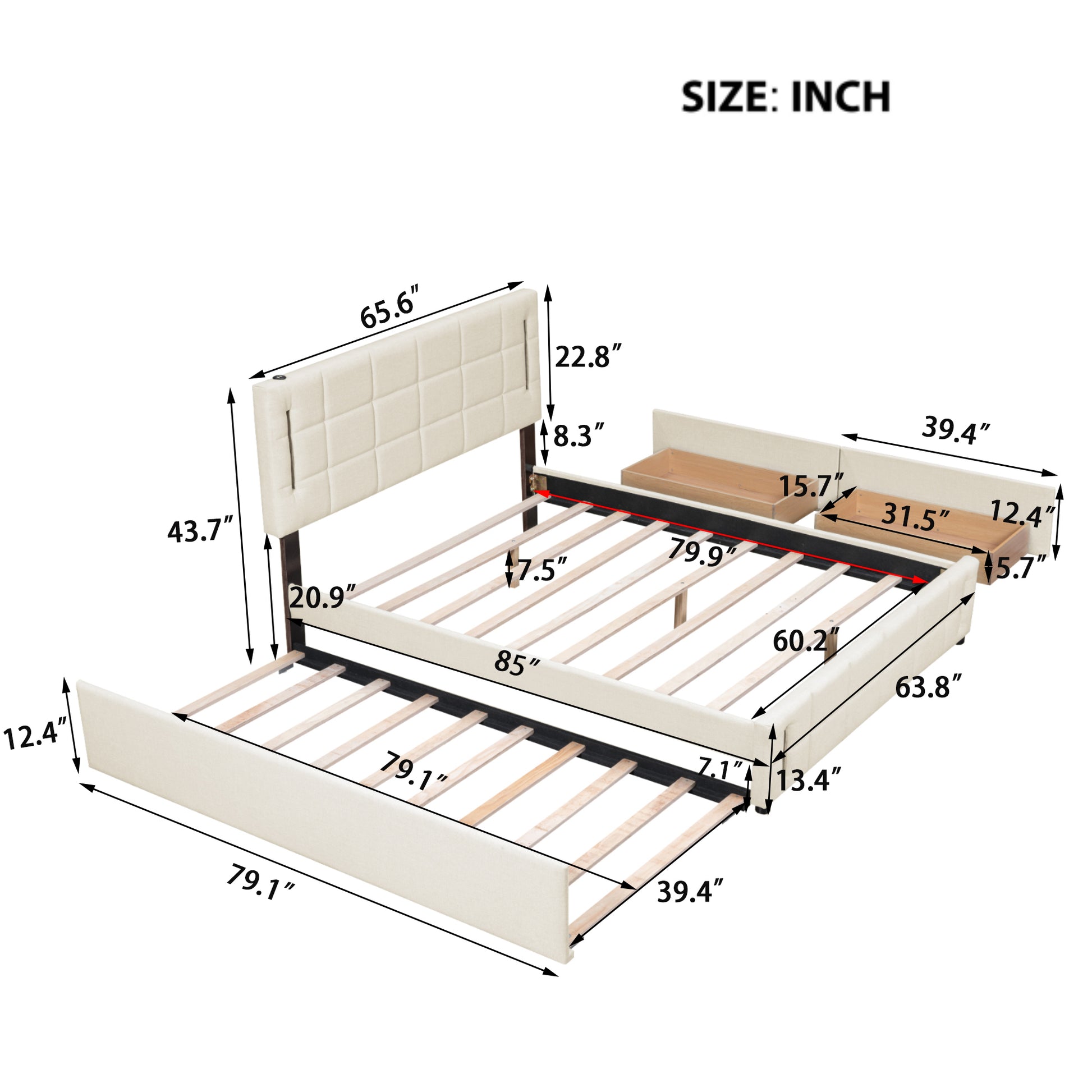 Queen Size Upholstered Platform Bed With Trundle And Drawers, Beige Queen Beige Upholstered