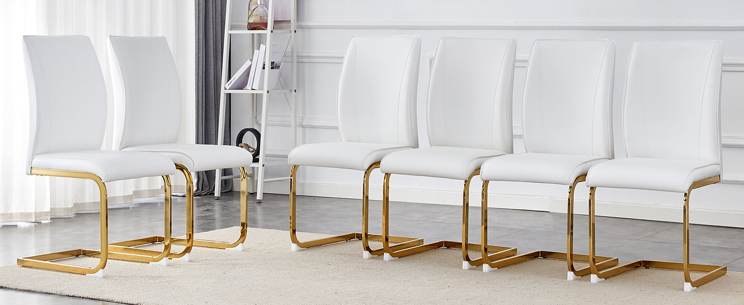 Luxury Simple Arch Chair Set Of 6 White Pu Material High Resilience Dining Chair With Arched Metal Gold Leg. White Gold Metal,Pu