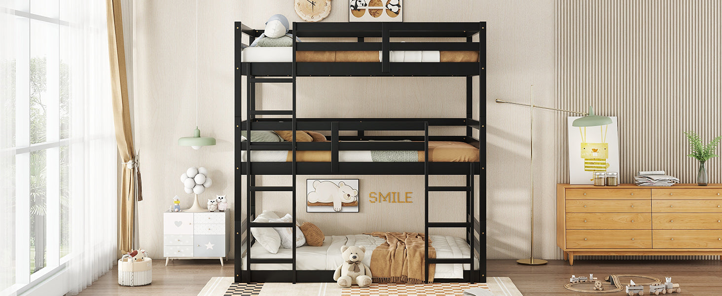 Triple Rubber Wood Bunk Bed With Two Built In Ladders, Guardrails, Twin Over Twin Over Twin, Detachable Triple Twin Bunk Bed,Black Twin Black Bedroom American Design Bed Frame Rubber Wood