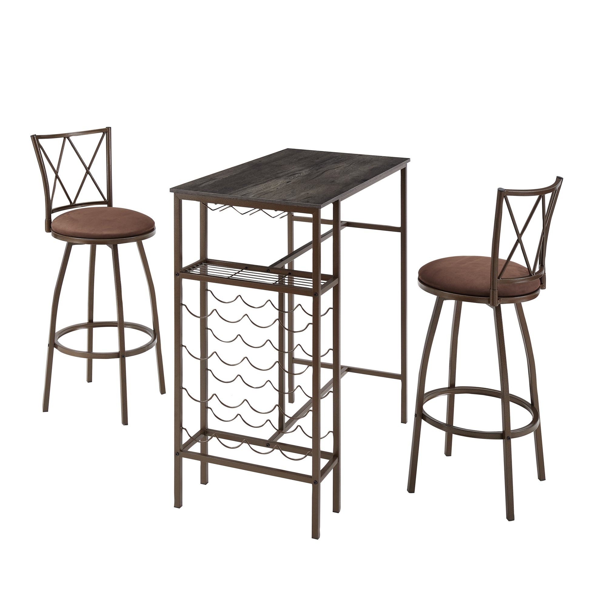3 Piece Bar Steels Kitchen Dining Room Table Set Retro Brown Bar Chair For Dining Room Antique Brown Seats 2 Brown Dining Room American Design,American Traditional,Antique Rectangular Metal & Wood Dining Table With Chair Metal & Wood