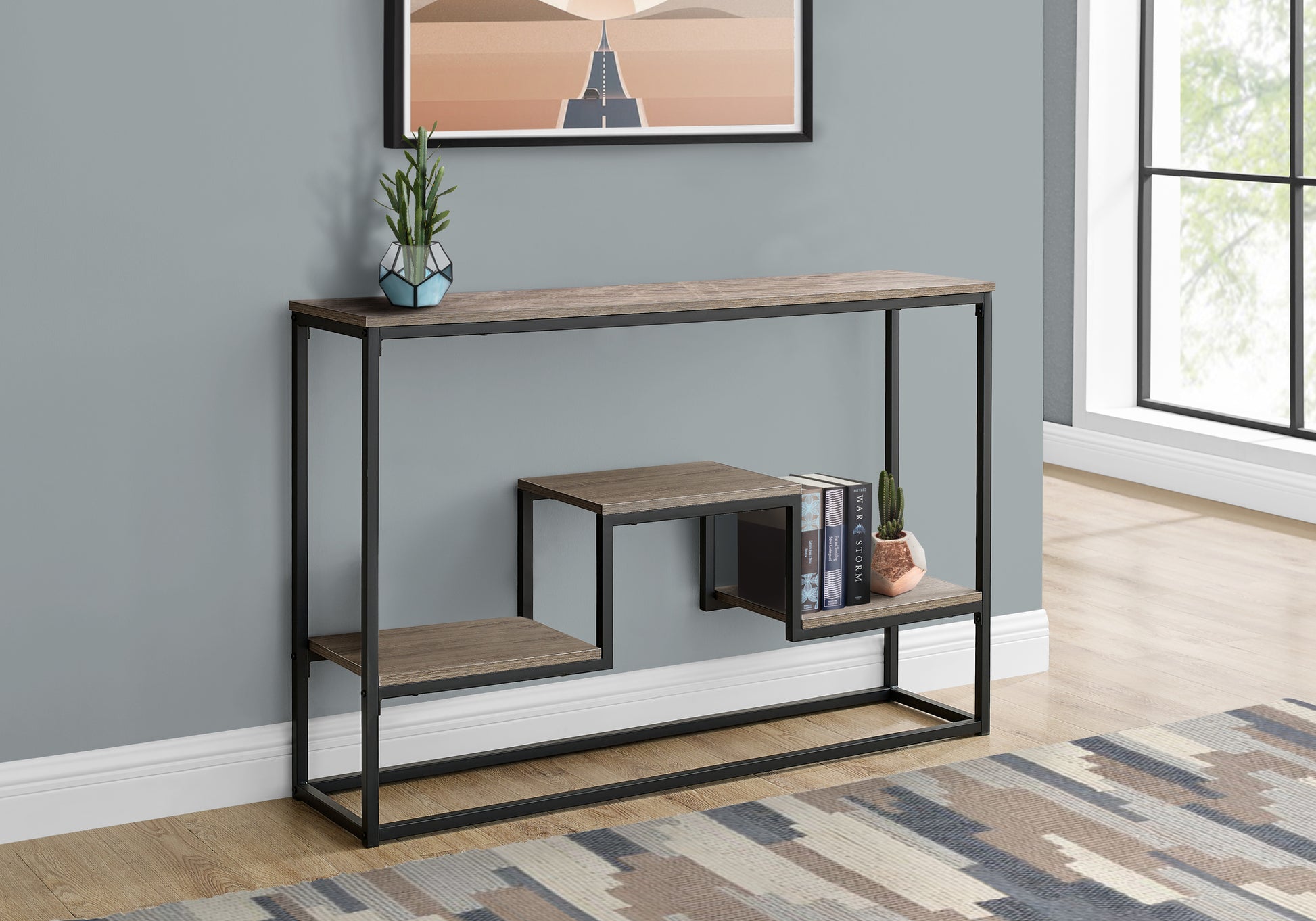 Accent Table, Console, Entryway, Narrow, Sofa, Living Room, Bedroom, Brown Laminate, Black Metal, Contemporary, Modern Taupe Metal