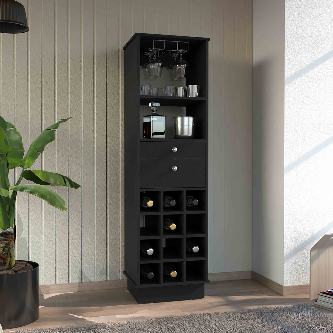 Classic Bar Cabinet, Two Drawers, Twelve Built In Wine Rack Black Black Dining Room Modern Particle Board Particle Board