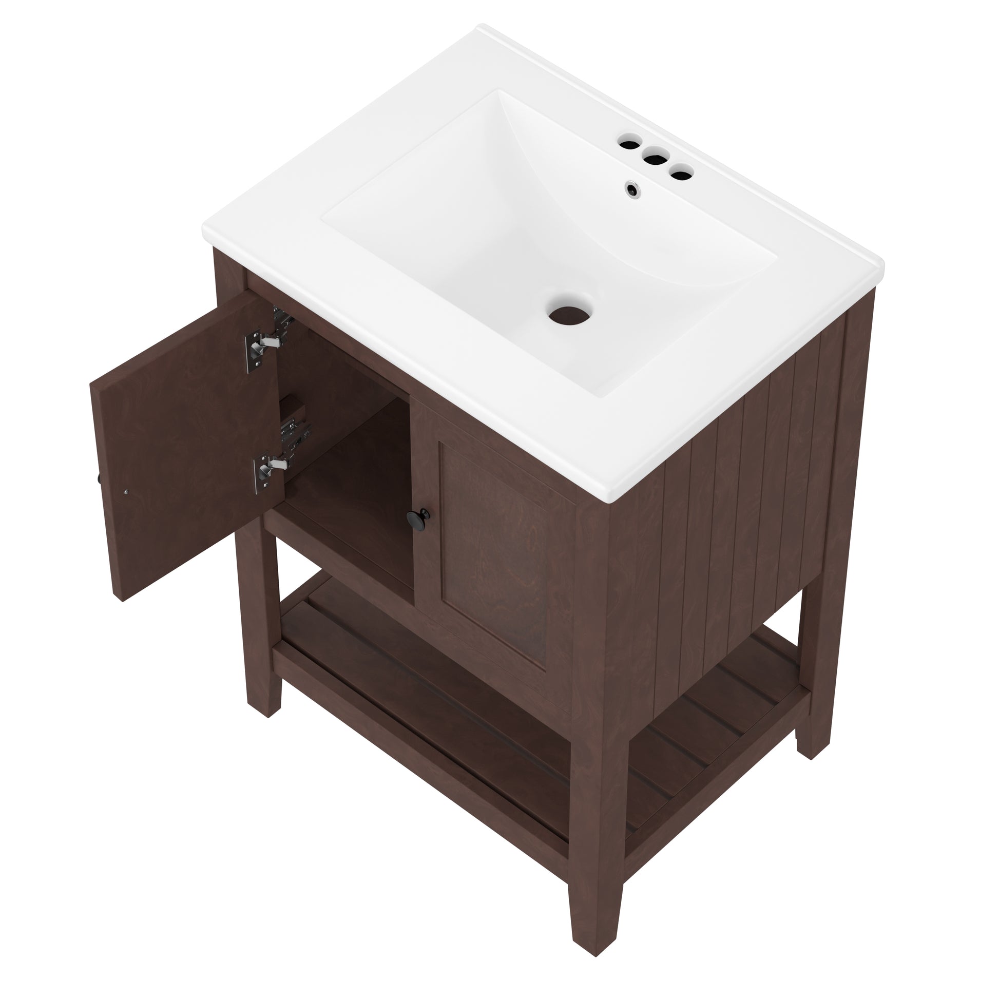 Video 24" Brown Modern Sleek Bathroom Vanity Elegant Ceramic Sink With Solid Wood Frame Open Style Shelf Brown Solid Wood Mdf