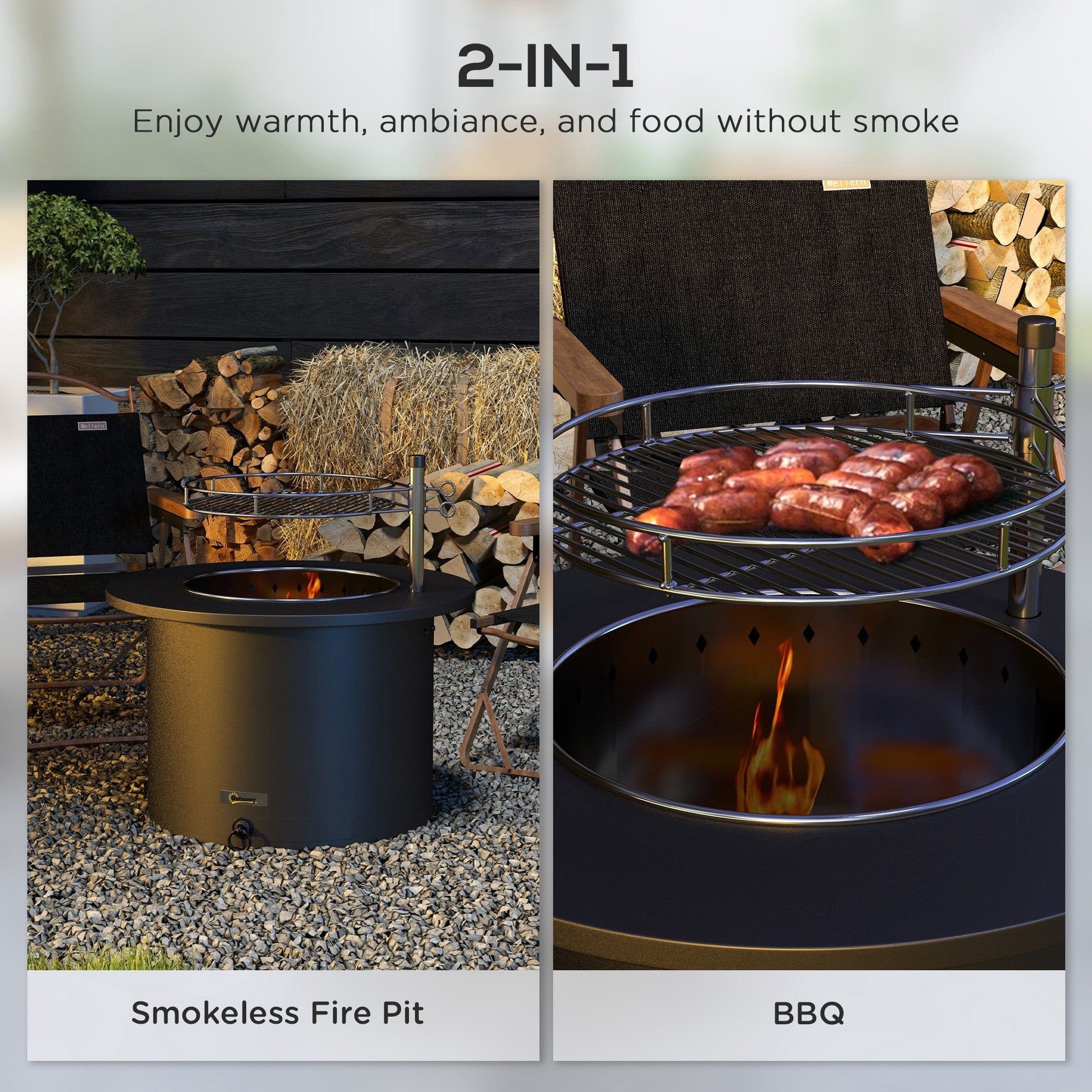 Outsunny 2 In 1 Smokeless Fire Pit, Bbq Grill, 25" Portable Wood Burning Firepit With Cooking Grate, Ash Tray & Poker, Low Smoke Camping Bonfire Stove For Patio Picnic, Stainless Steel, Black Black Stainless Steel