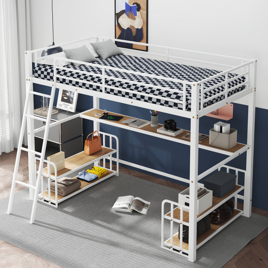 Twin Size Metal Loft Bed With Desk, Storage Shelves And Charging Station, White Box Spring Not Required Twin White Metal Mdf Metal