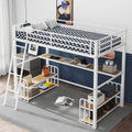 Twin Size Metal Loft Bed With Desk, Storage Shelves And Charging Station, White Box Spring Not Required Twin White Metal Mdf Metal