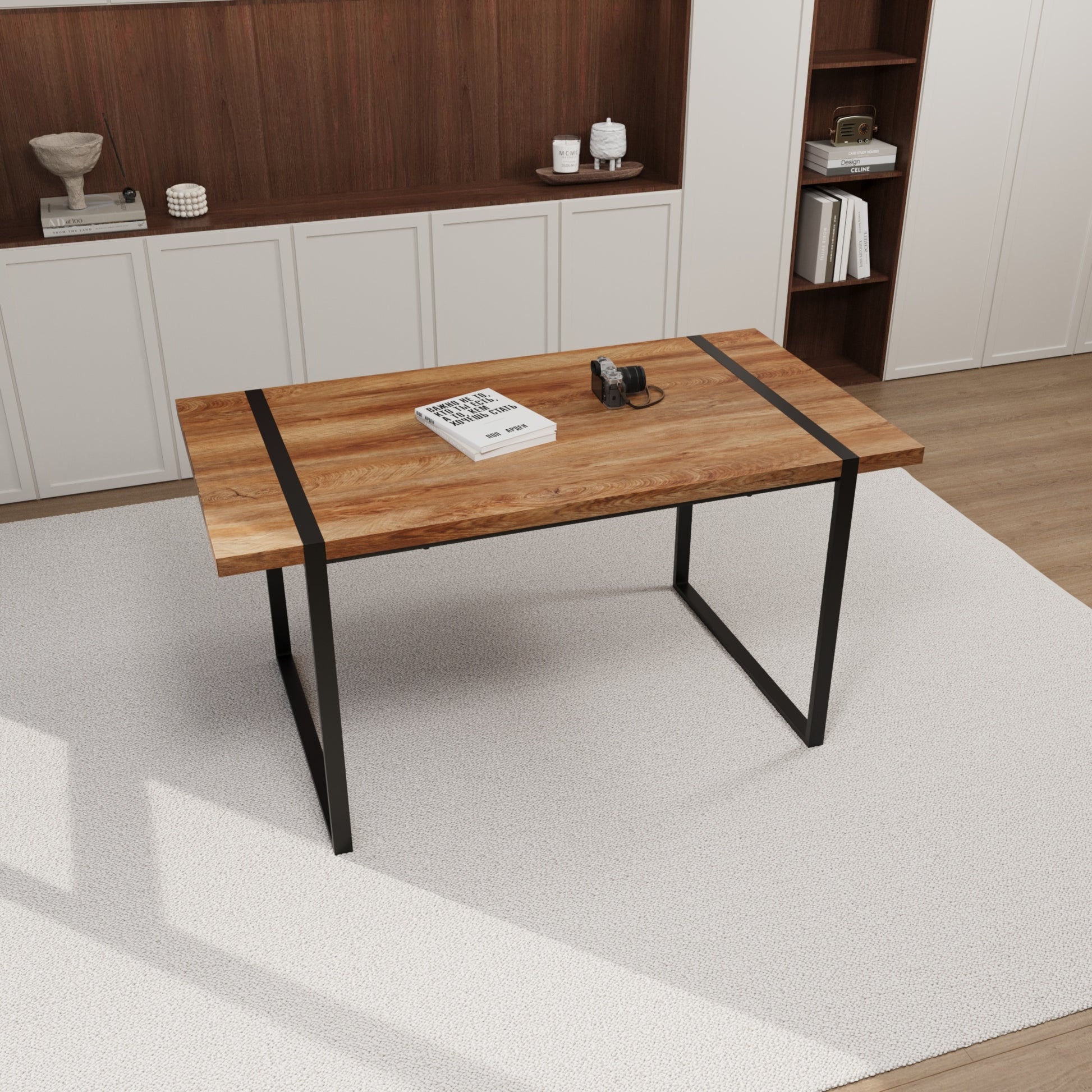 59 "Rural Industrial Rectangular Mdf Natural Wood Dining Table, 4 6 People, 1.5" Thick Engineering Wood Tabletop And Black Rectangular Metal Legs, Used For Writing Desks, Kitchens, Terraces Wood Mdf