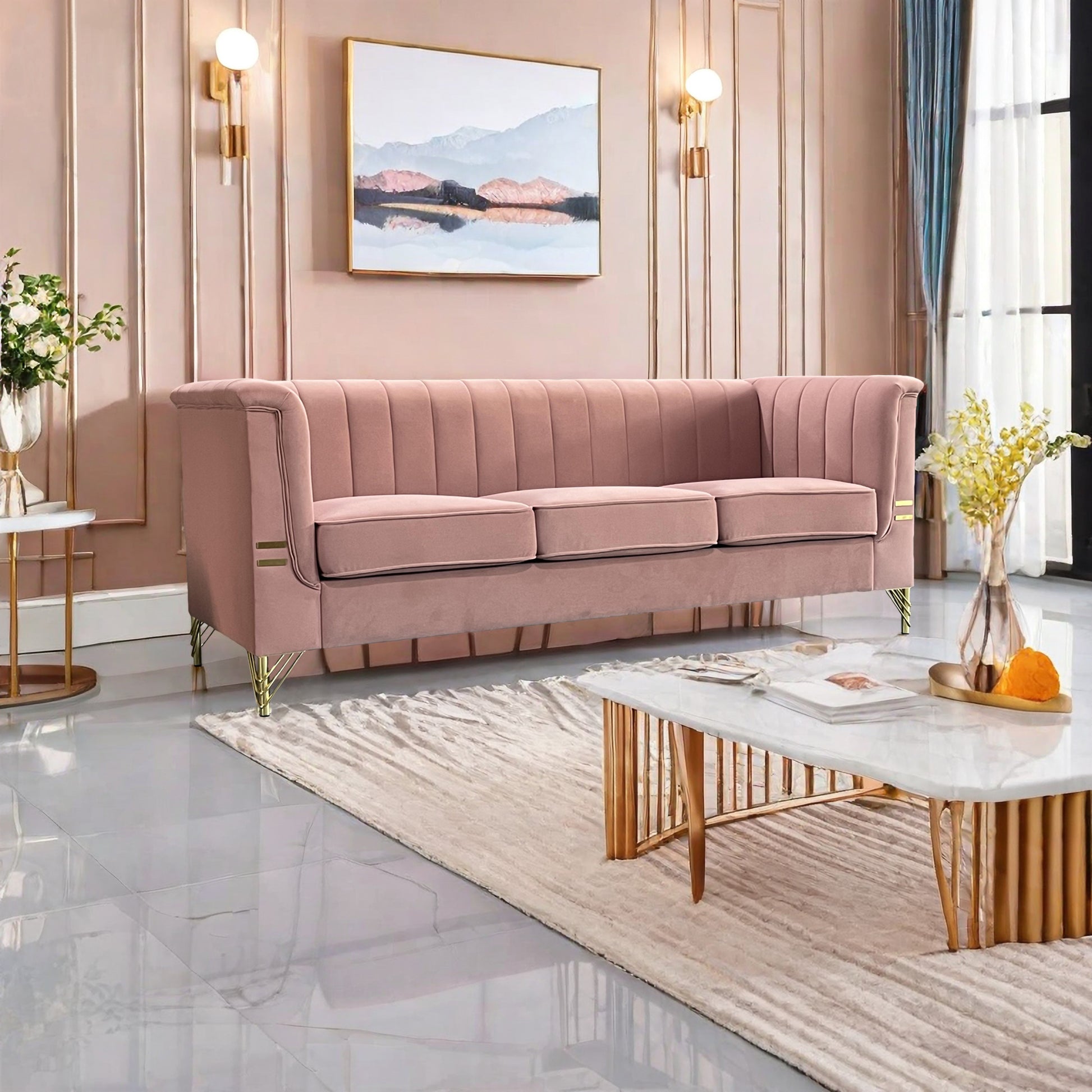 Fx P82 Pk Sofa Modern Designs Velvet Upholstered Living Room Sofa, 3 Seat Sofa Couch With Golden Metal Legs For Home, Apartment Or Office Pink Sofa Pink Velvet 3 Seat