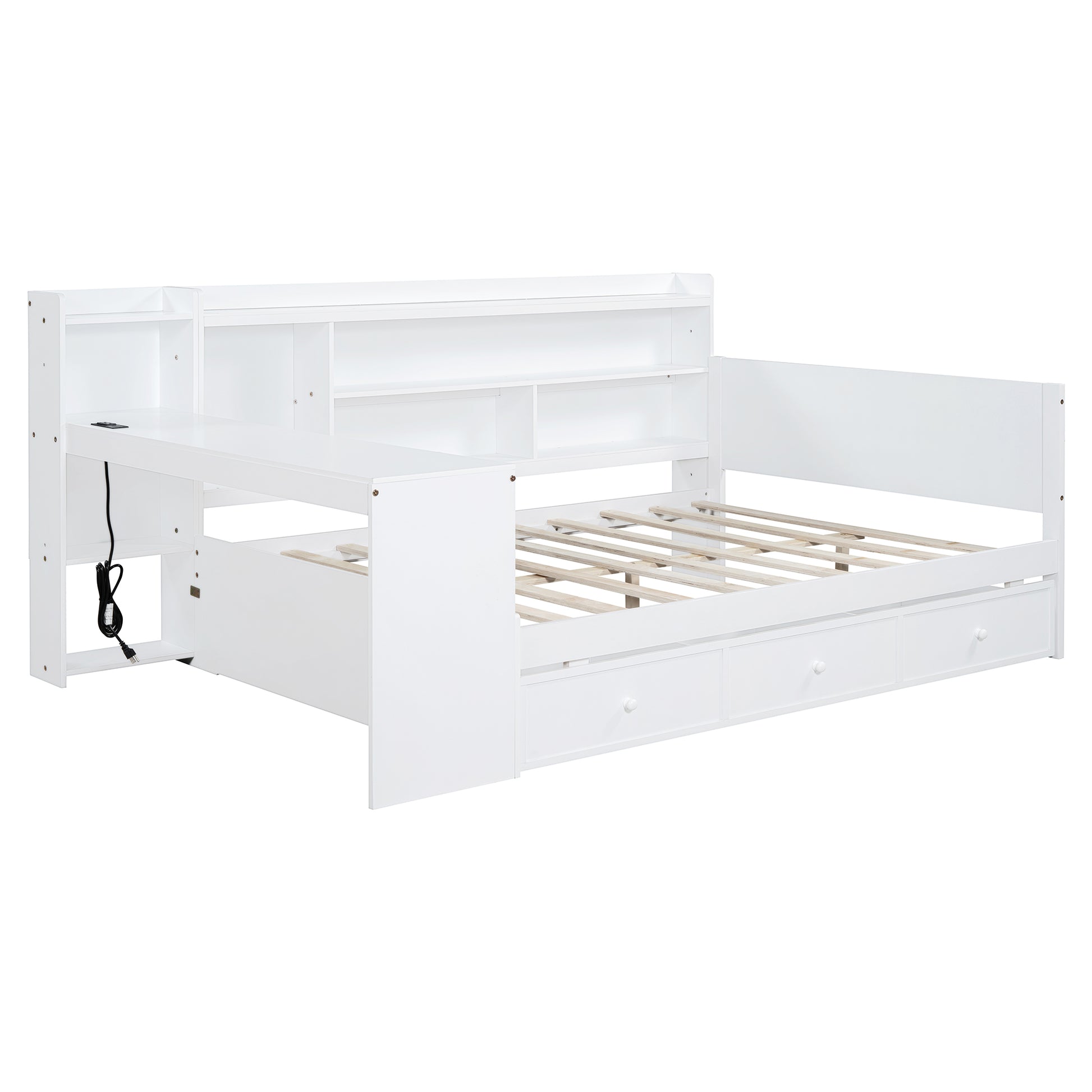 Full Size Wooden Daybed With 3 Drawers, Usb Ports And Desk ,White Twin White Wood