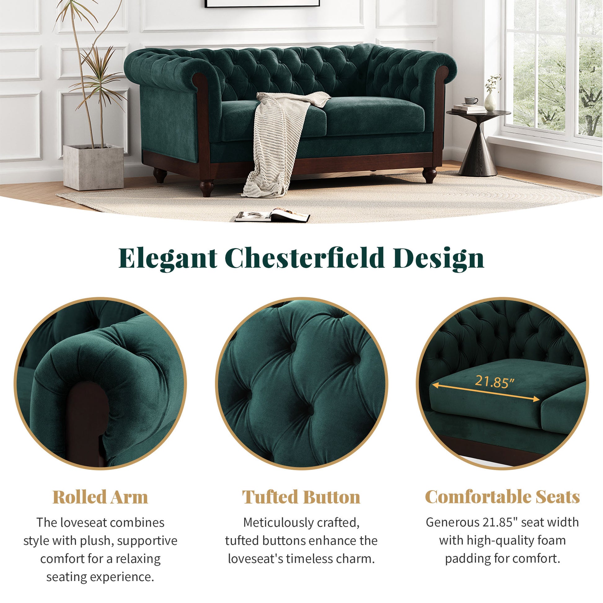 Vivalux 59.44" Chesterfield Velvet Loveseat Sofa,2 Person Rolled Arm Dutch Plush Upholstered Sofa Couch With Tufted Button For Living Room, Bedroom, Small Places,Forest Green Dark Green Espresso Velvet Wood Primary Living Space Soft Tufted Back