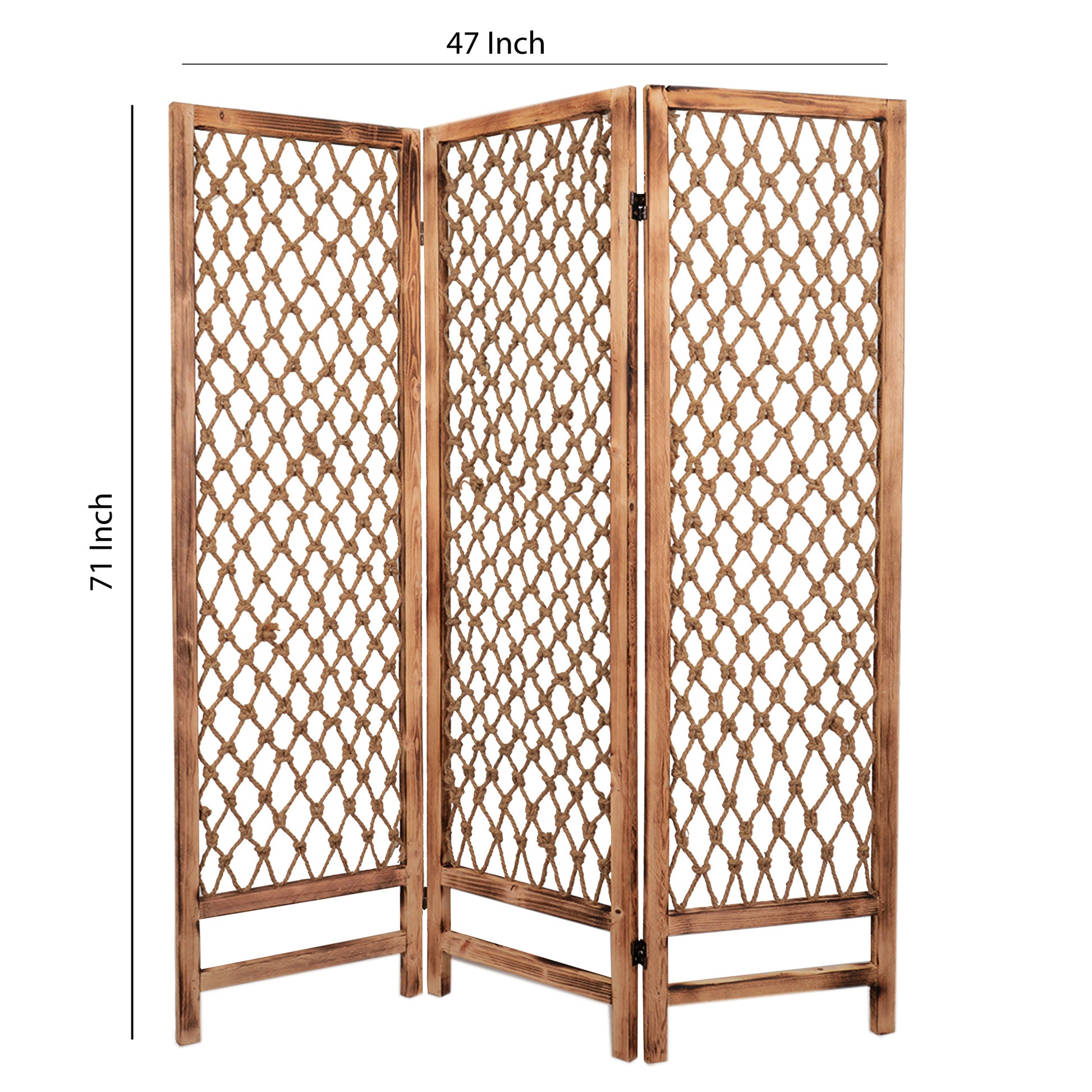 3 Panel Traditional Foldable Screen With Rope Knot Design, Brown Brown Wood Fabric